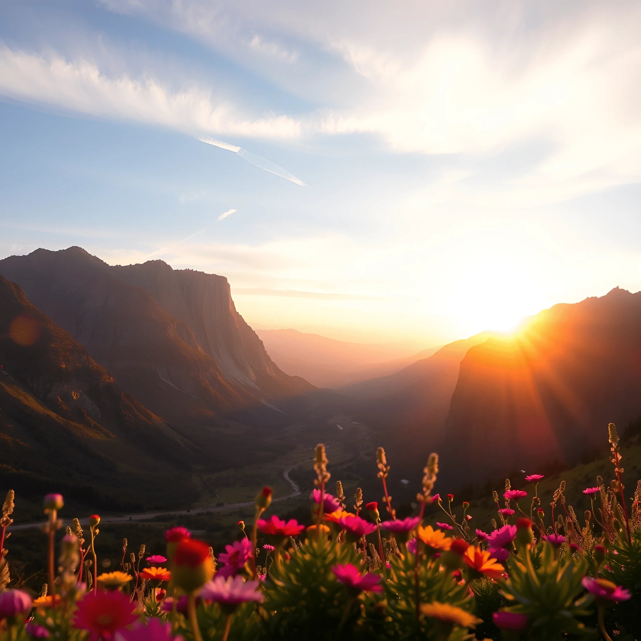 Mountain Valley Sunrise with Wildflowers - Free Download - AI Scribbles