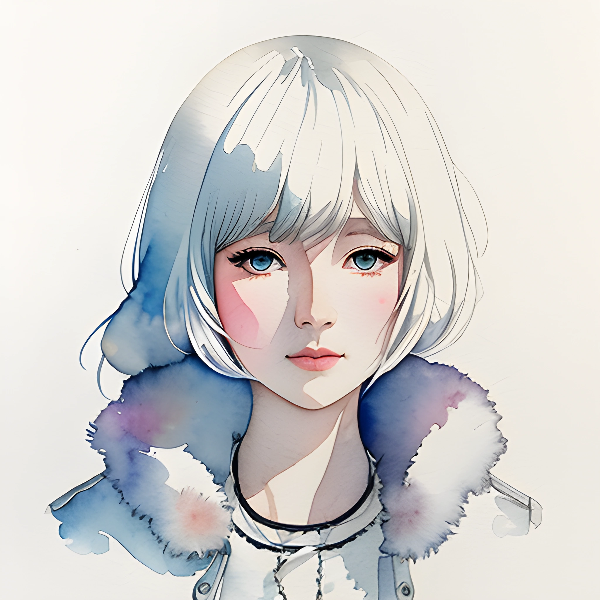 anime girl with white hair and blue eyes wearing a fur collar