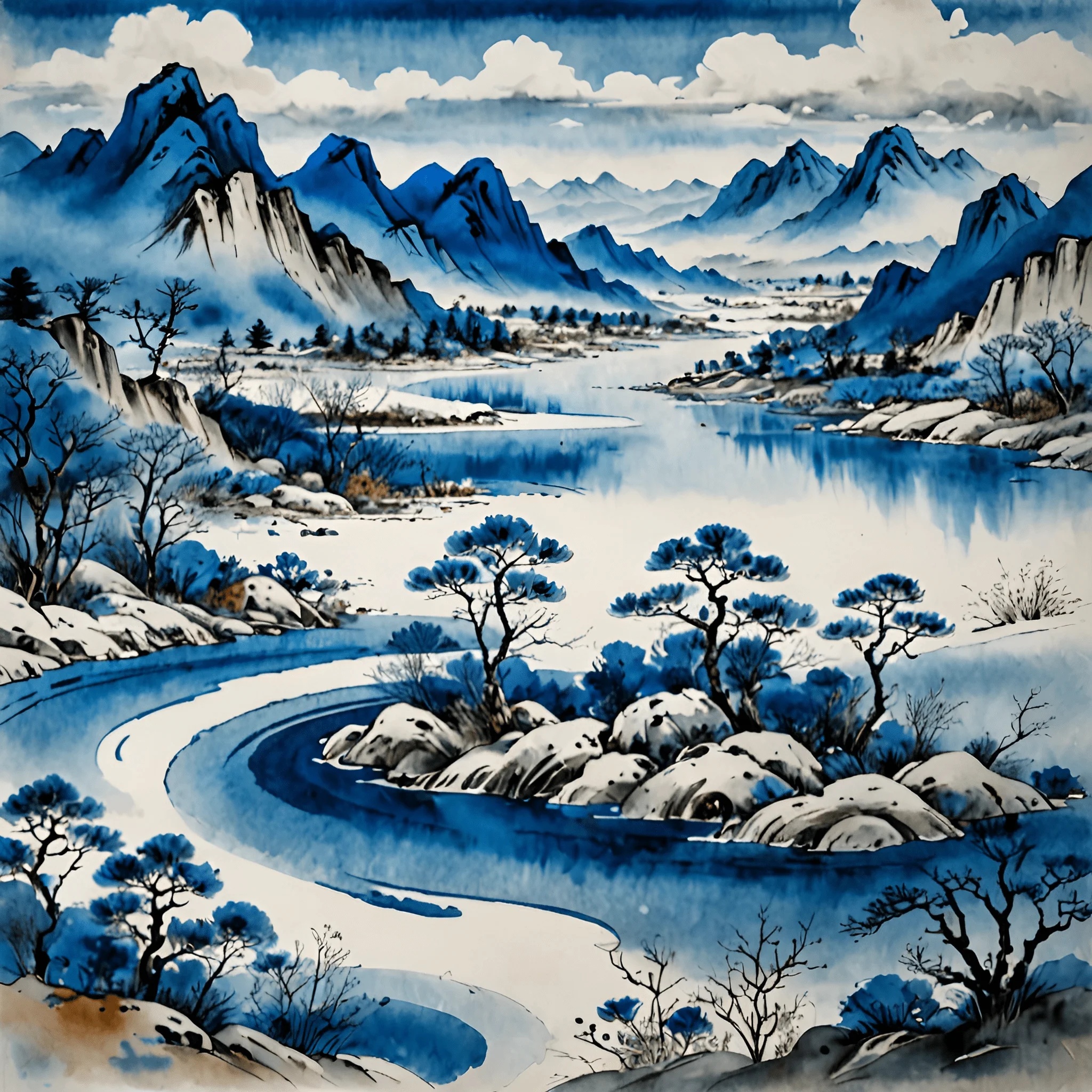 Serene Blue Landscape with Mountains and River - Free Download - AI ...