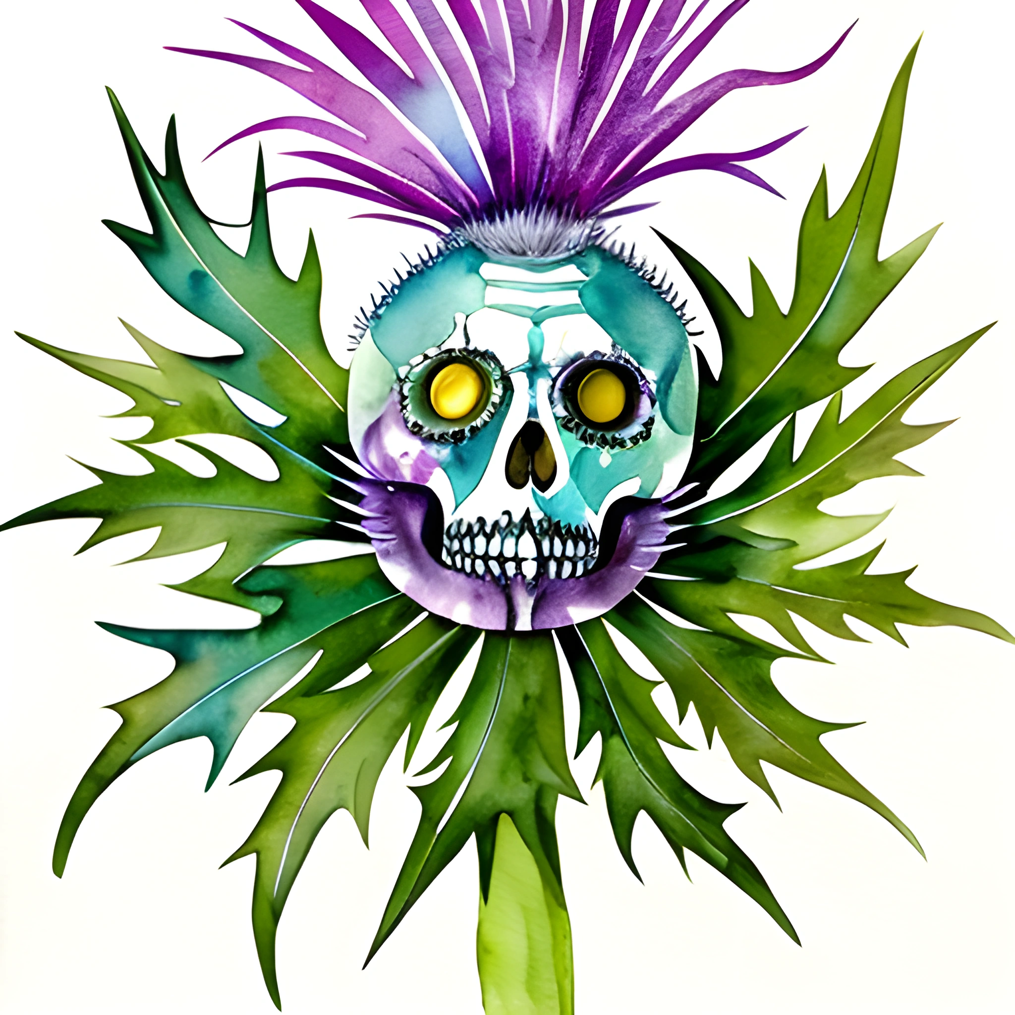 painting of a skull with a purple flower and green leaves