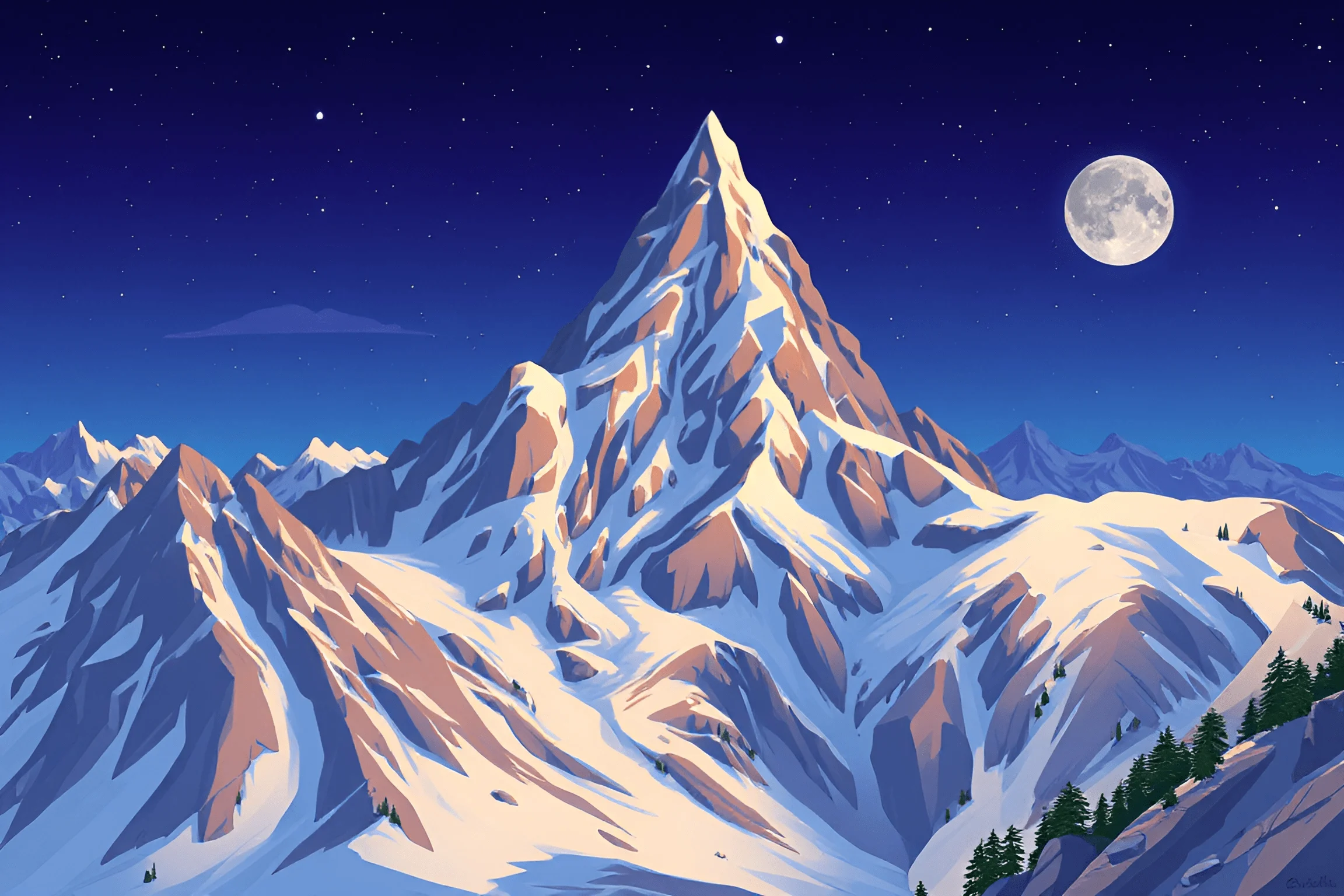 Snow-Covered Mountain Peak Under Starry Night Sky - Free Download - AI ...