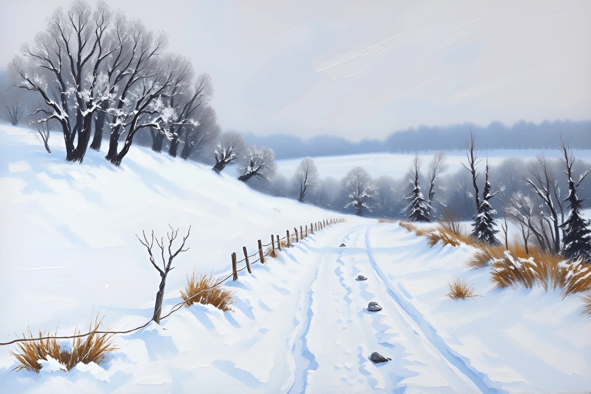 Snowy Rural Road With Bare Trees - Free Download - AI Scribbles