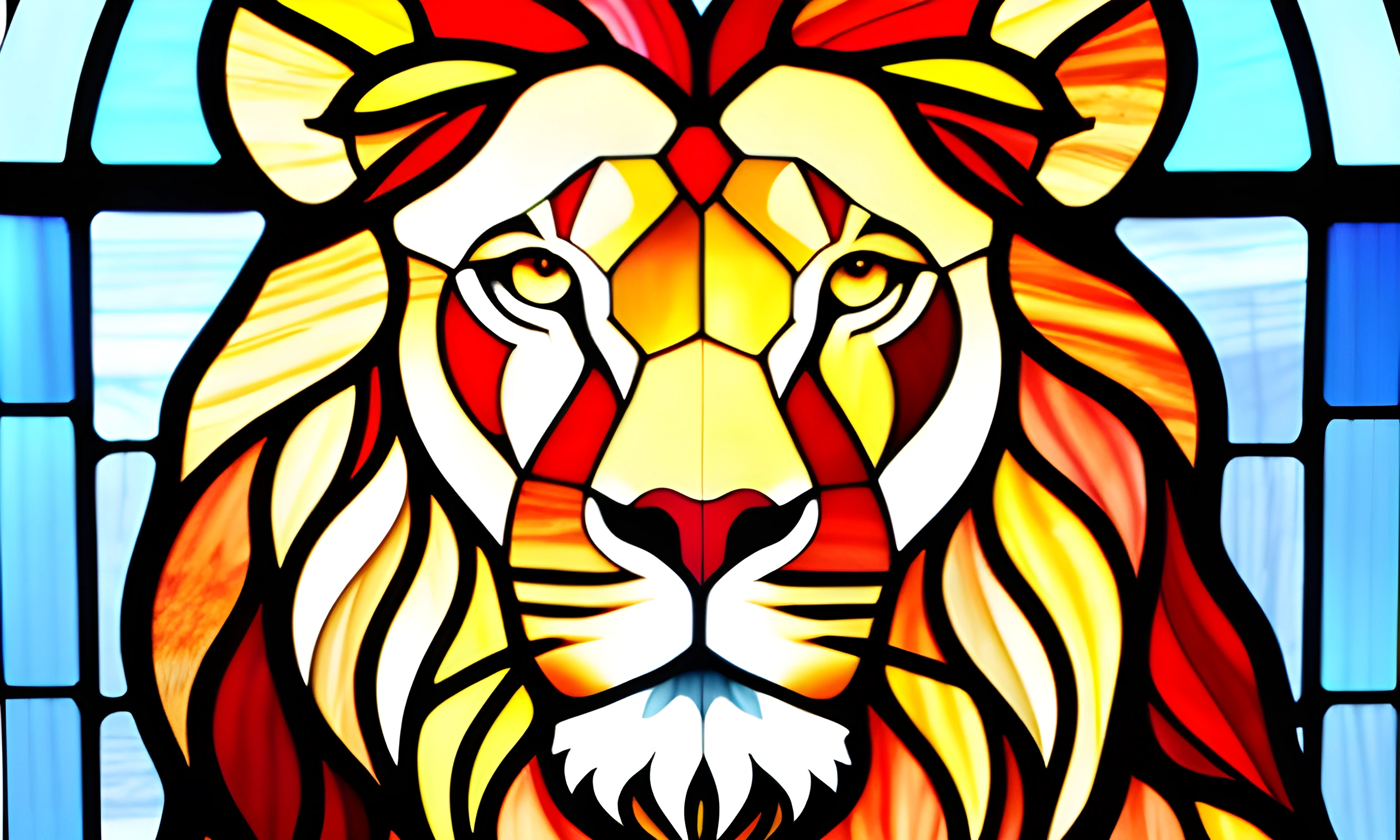 a close up of a stained glass window with a lion on it
