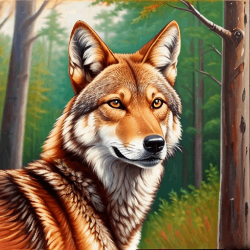 painting of a wolf in a forest with trees and a sky background