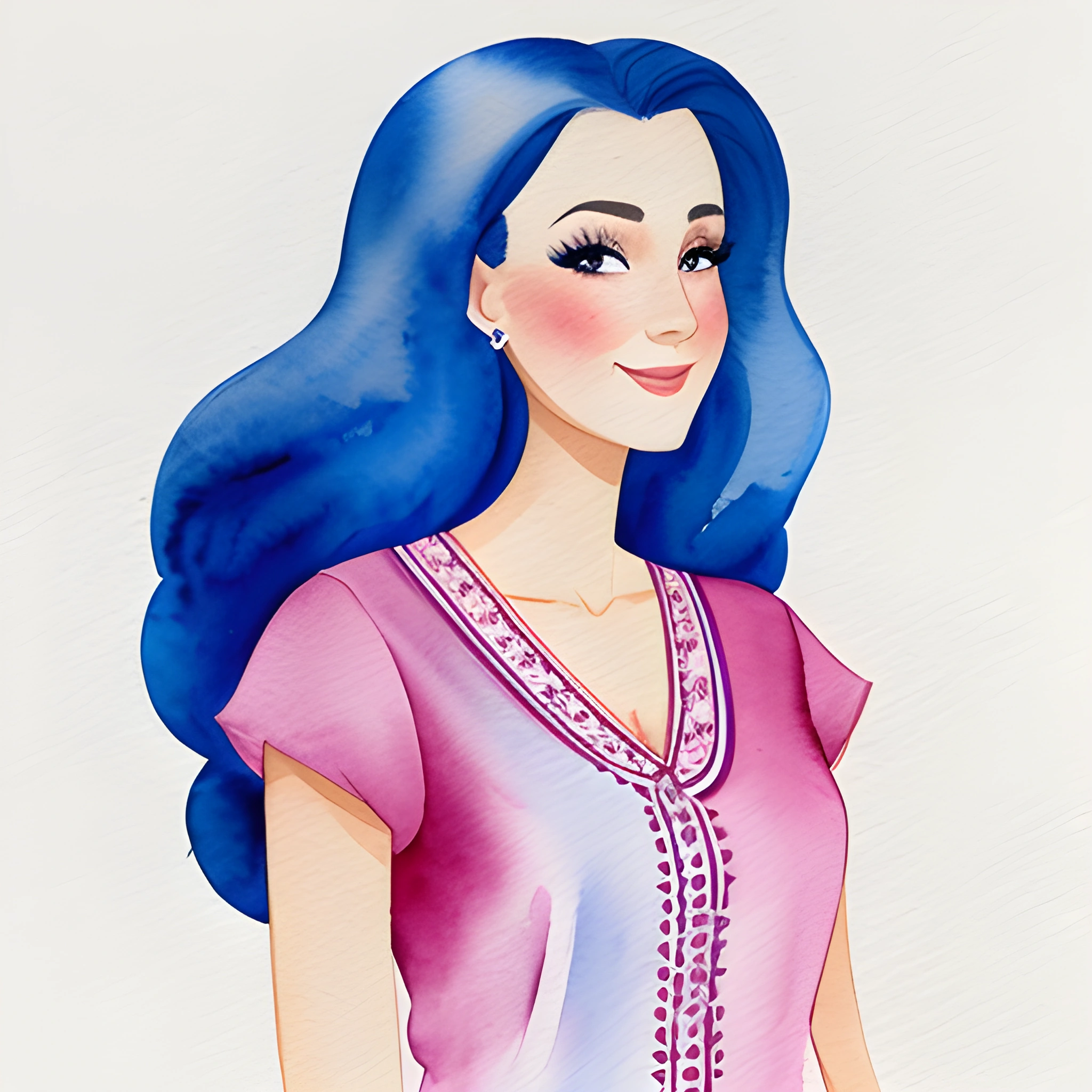 a drawing of a woman with blue hair and a pink top