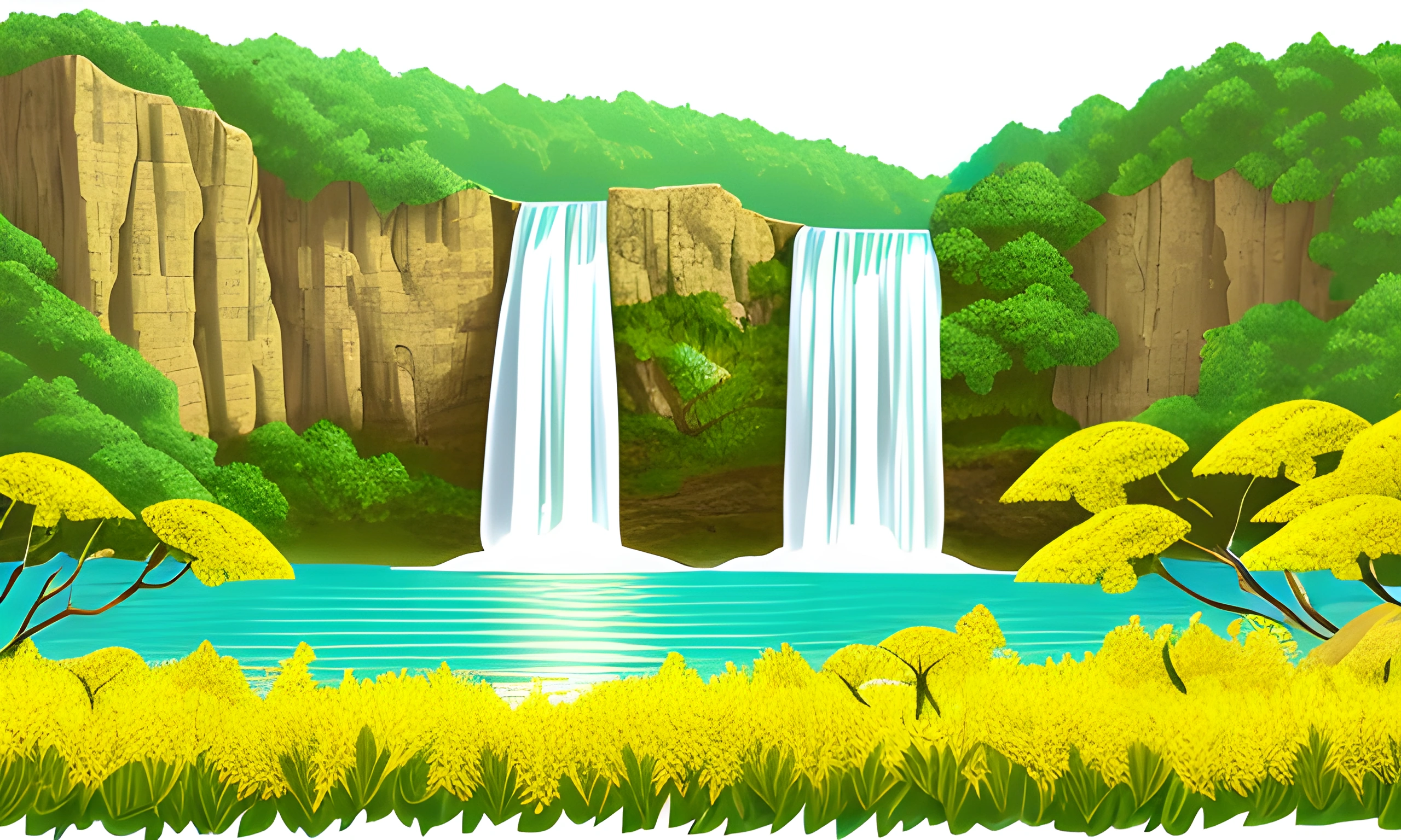 a waterfall in the middle of a field with yellow flowers