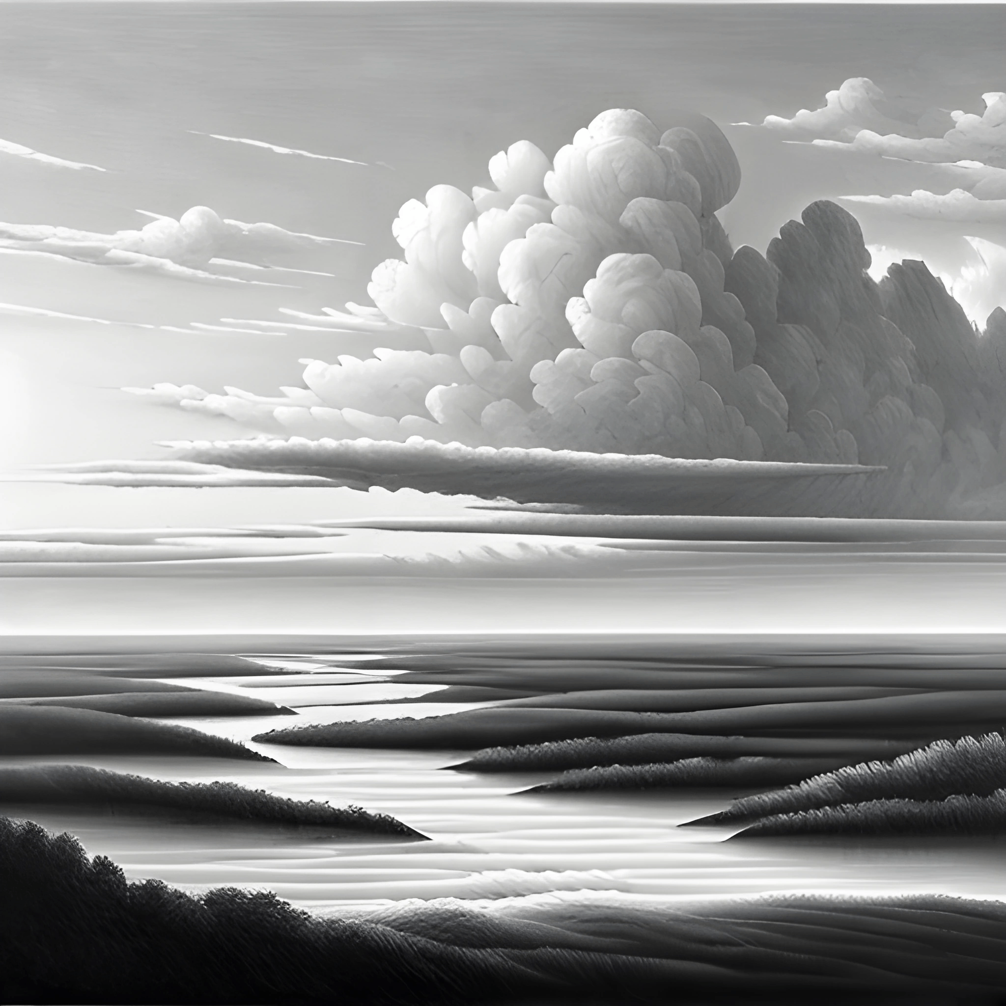 painting of a black and white landscape with a large cloud
