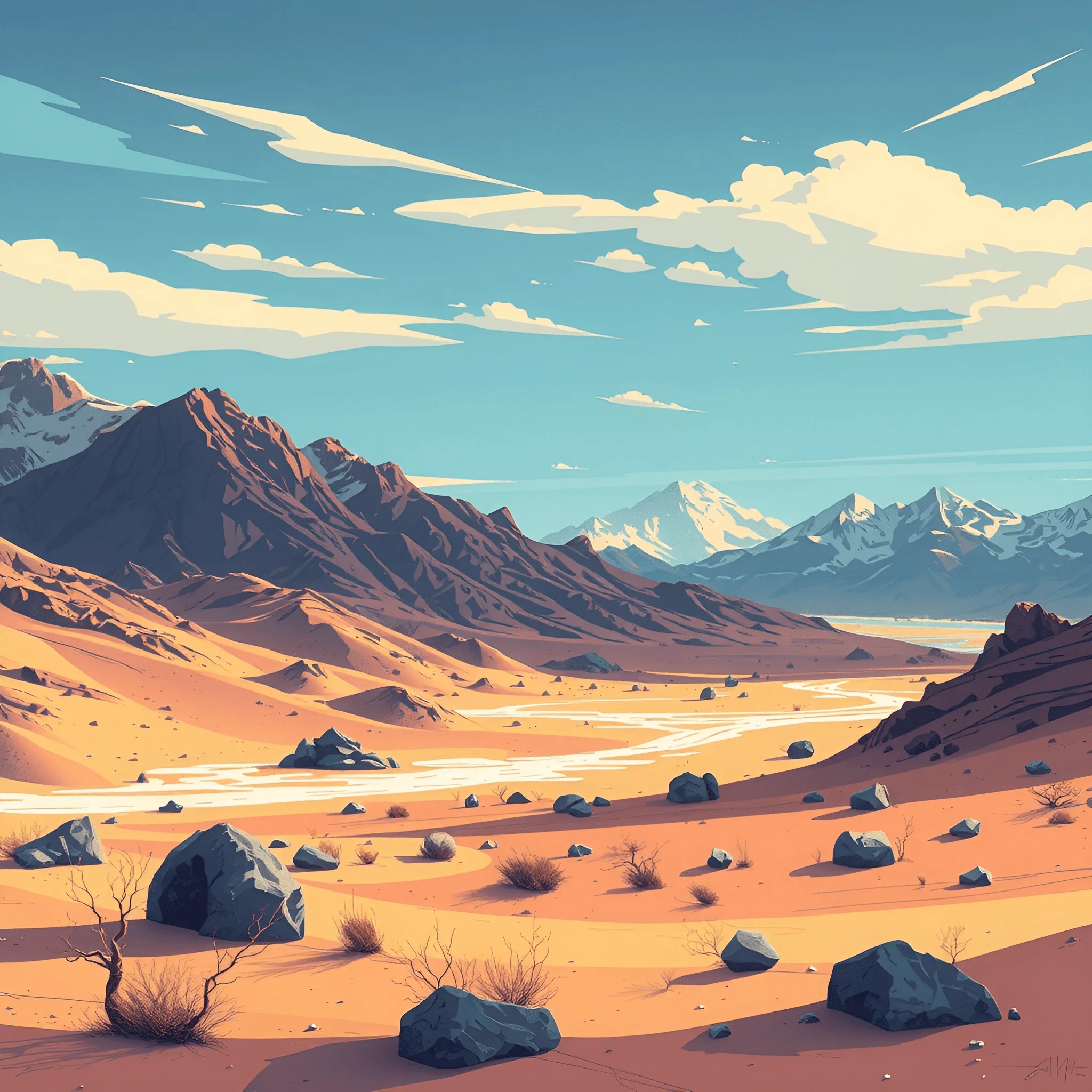 Desert Valley Landscape with Rocky Mountains - Free Download - AI Scribbles