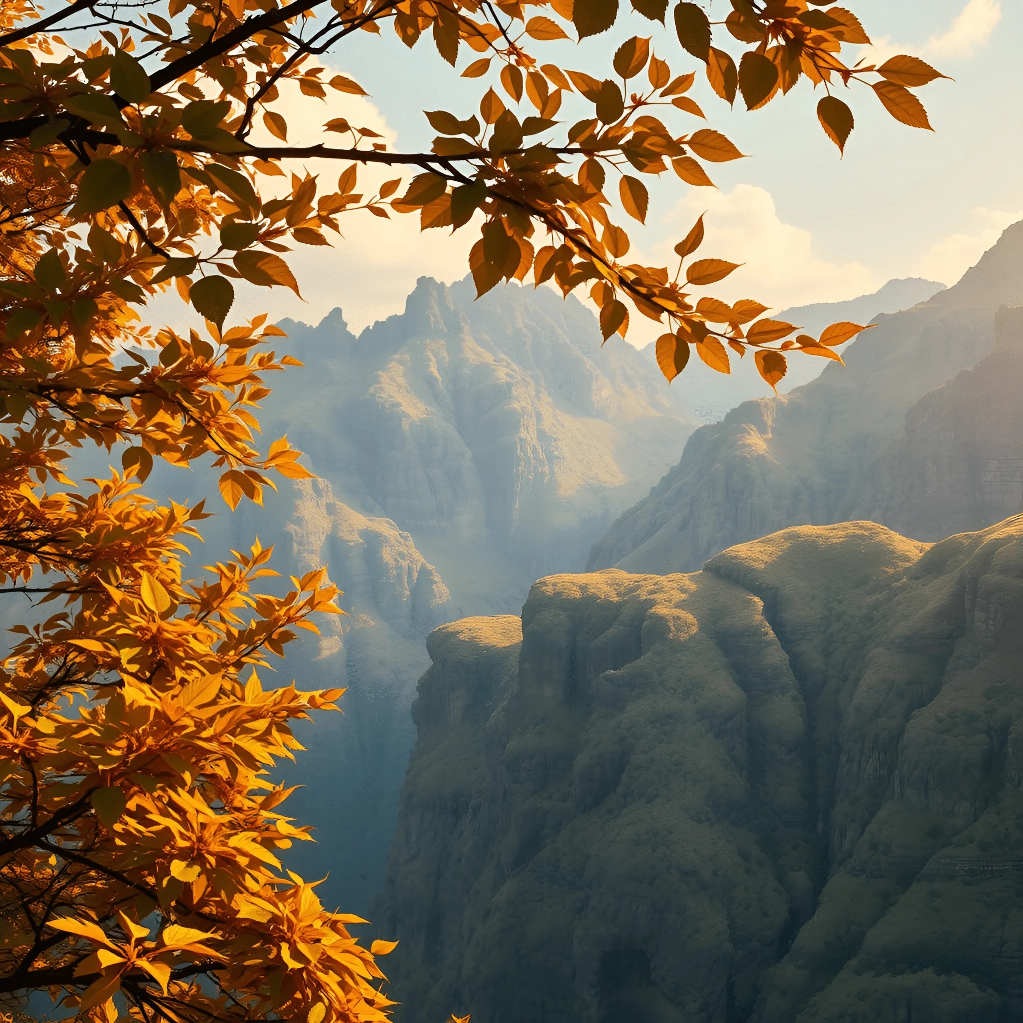 Golden Autumn Leaves Over Mountain Valley - Free Download - AI Scribbles