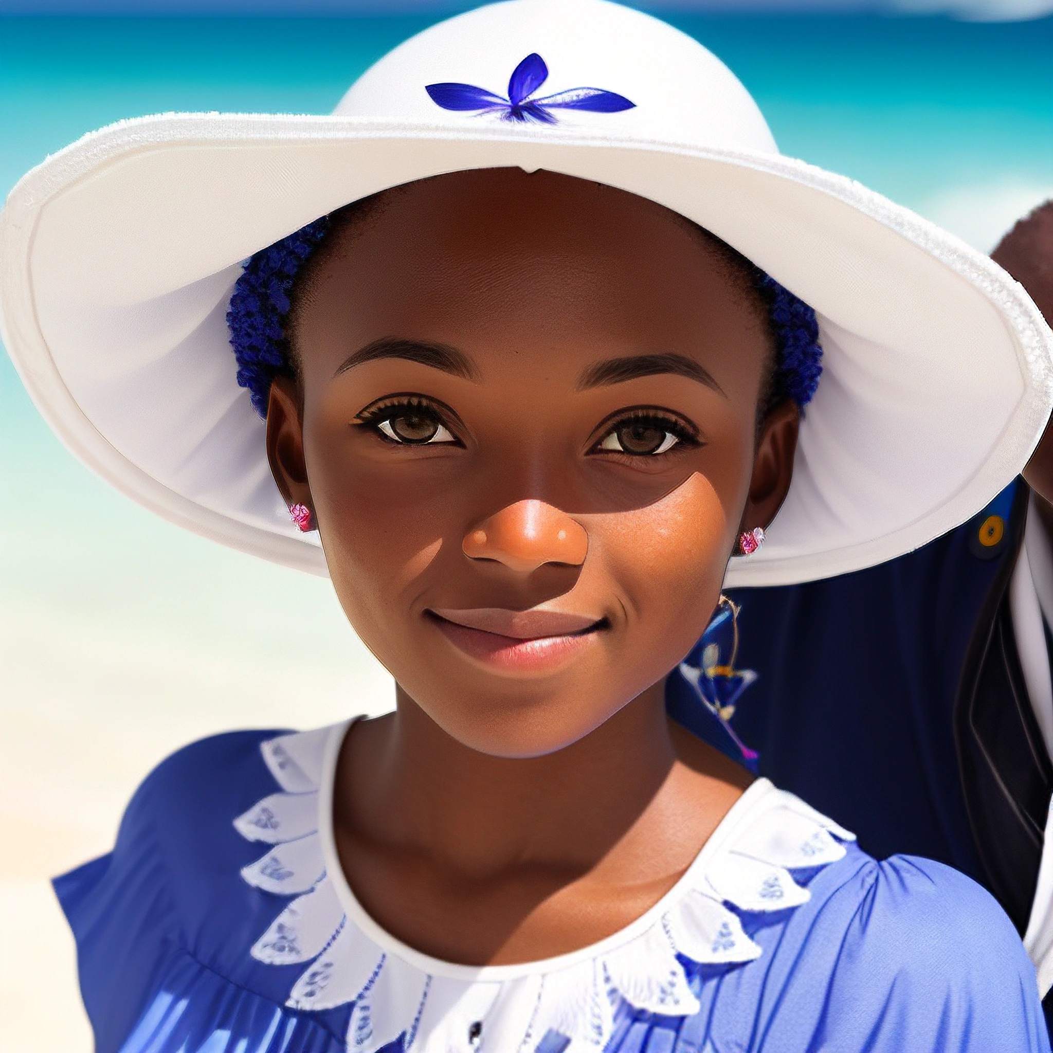 a young girl wearing a white hat and blue dress