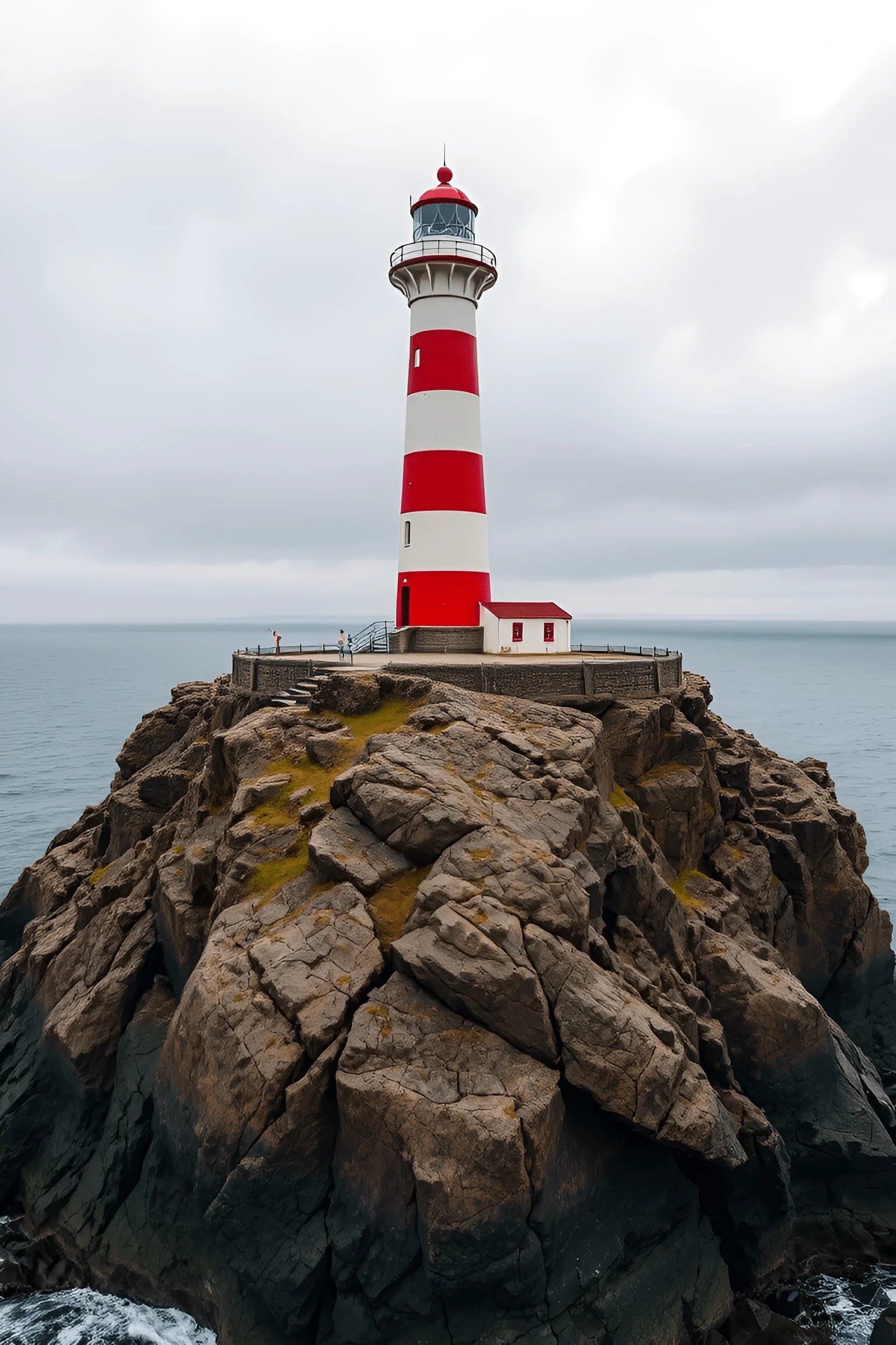 Red and White Striped Lighthouse on Rocky Shore - Free Download - AI ...