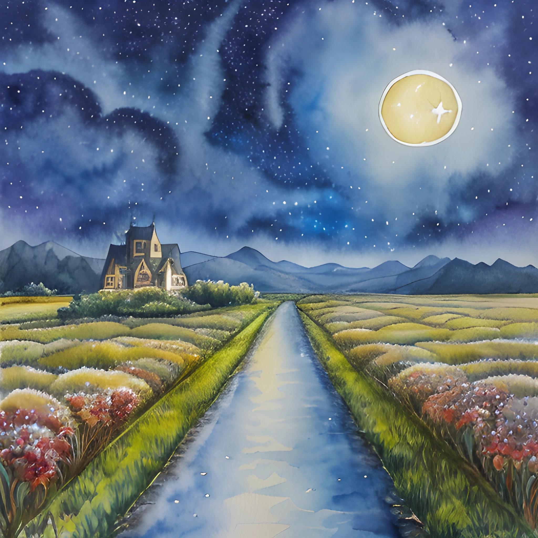painting of a country road with a house and a star in the sky