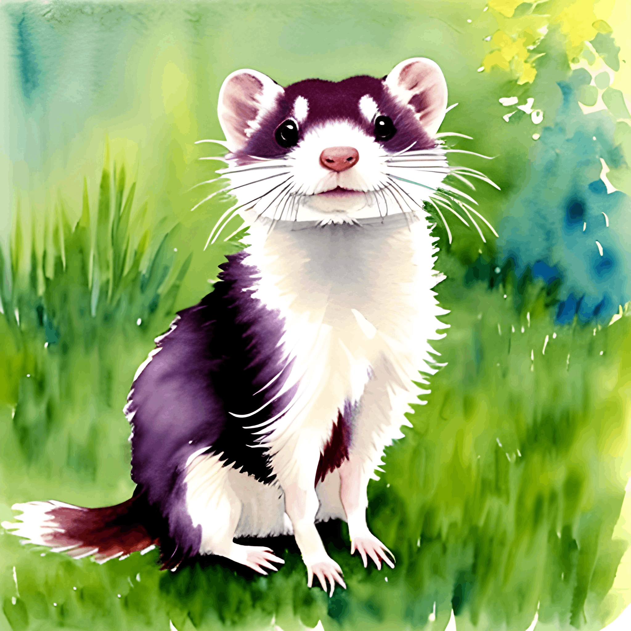 painting of a ferret sitting in the grass with a green background