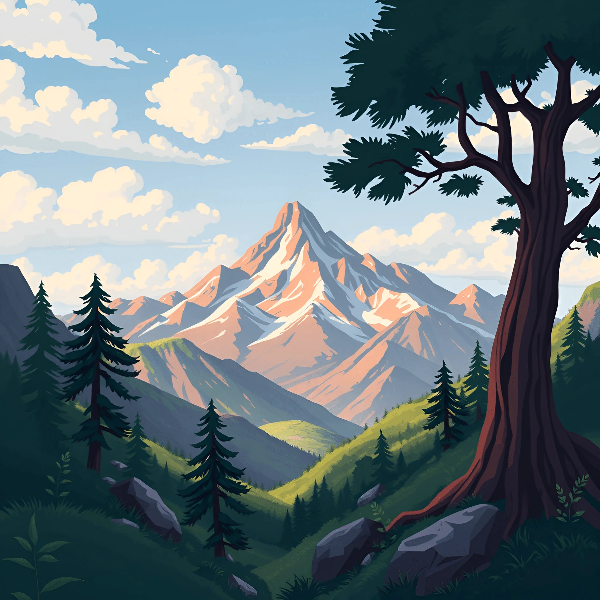 Painted Mountain Landscape With Pine Trees - Free Download - AI Scribbles
