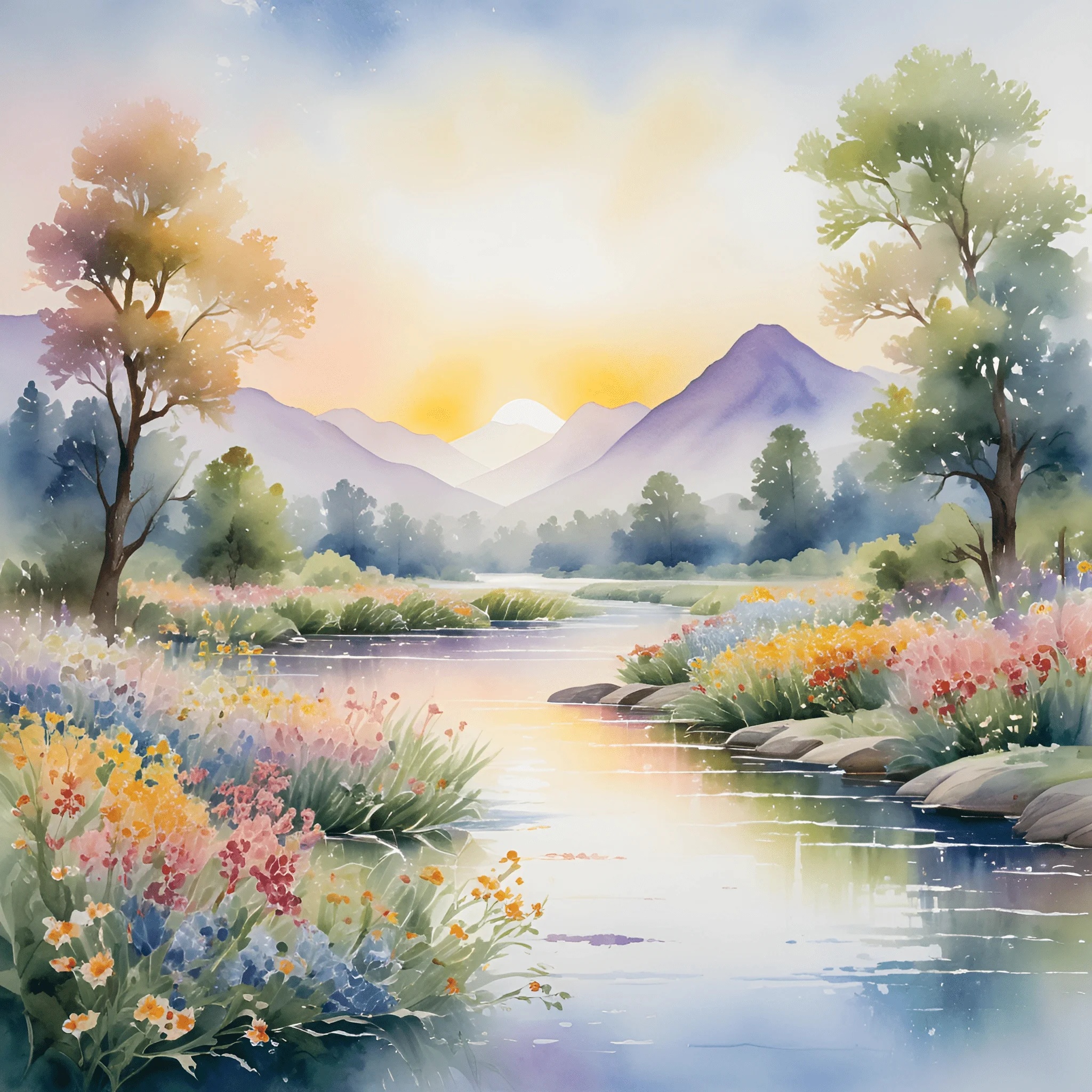 Serene Watercolor Landscape with Flowers and Mountains - Free Download ...