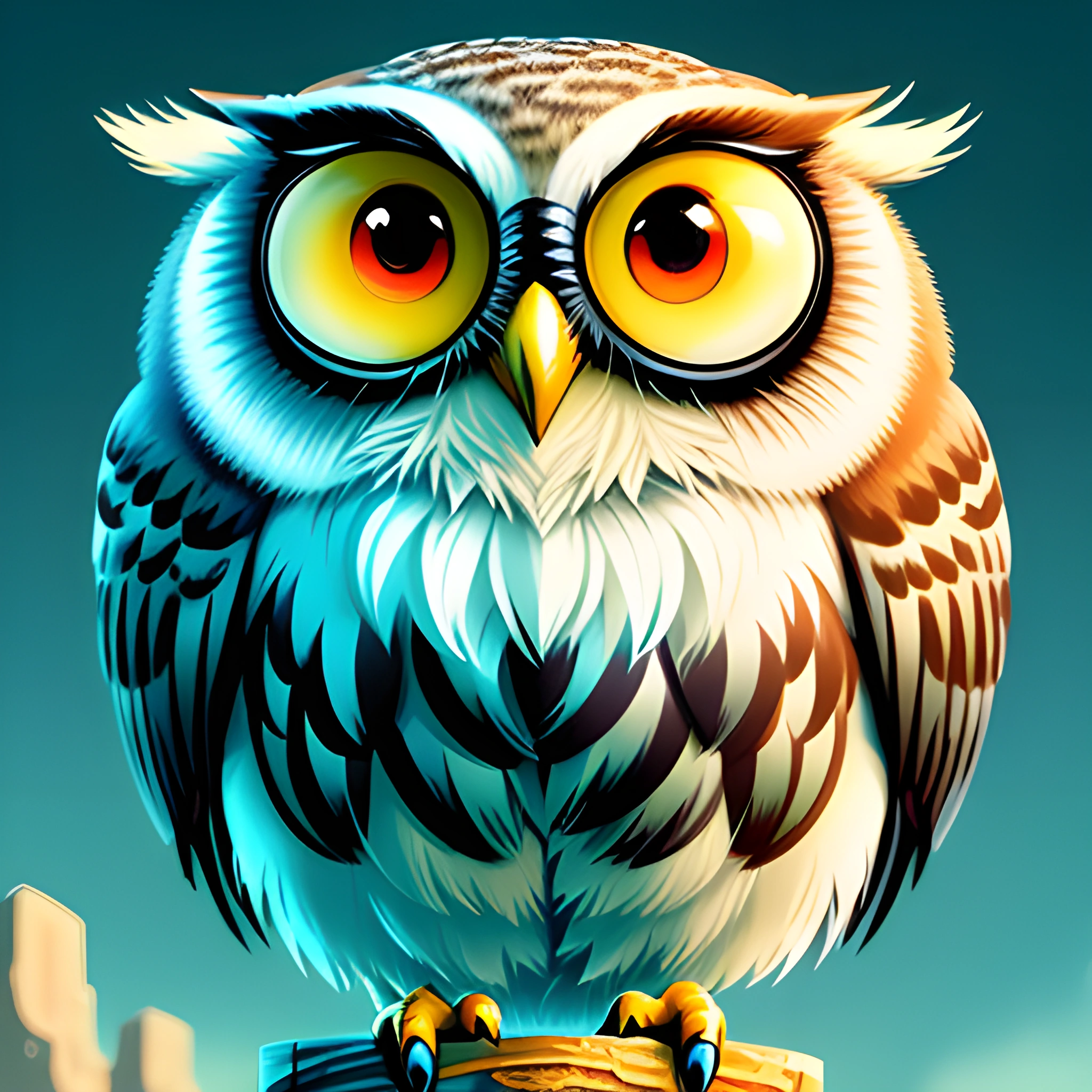 a cartoon owl sitting on a branch with a blue sky in the background