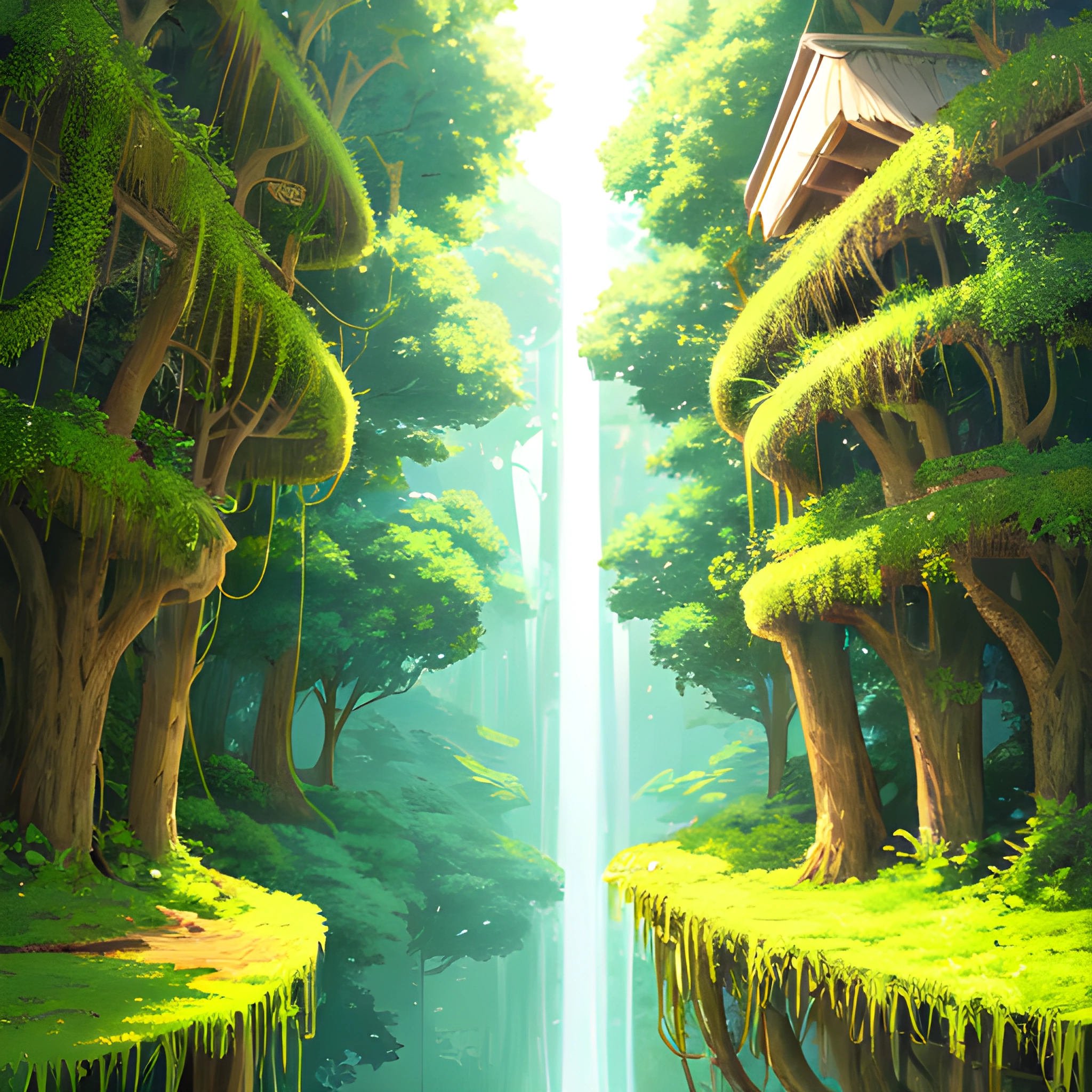 anime scenery of a waterfall and a house in a forest