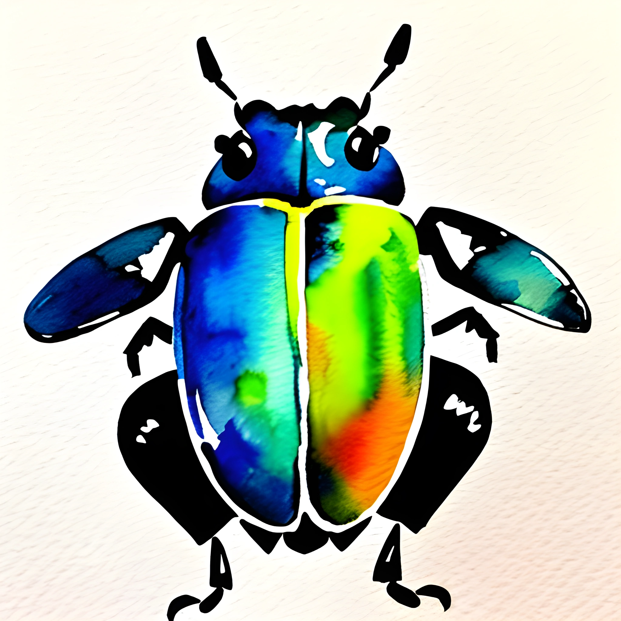 painting of a colorful bug with two eyes and a long tail