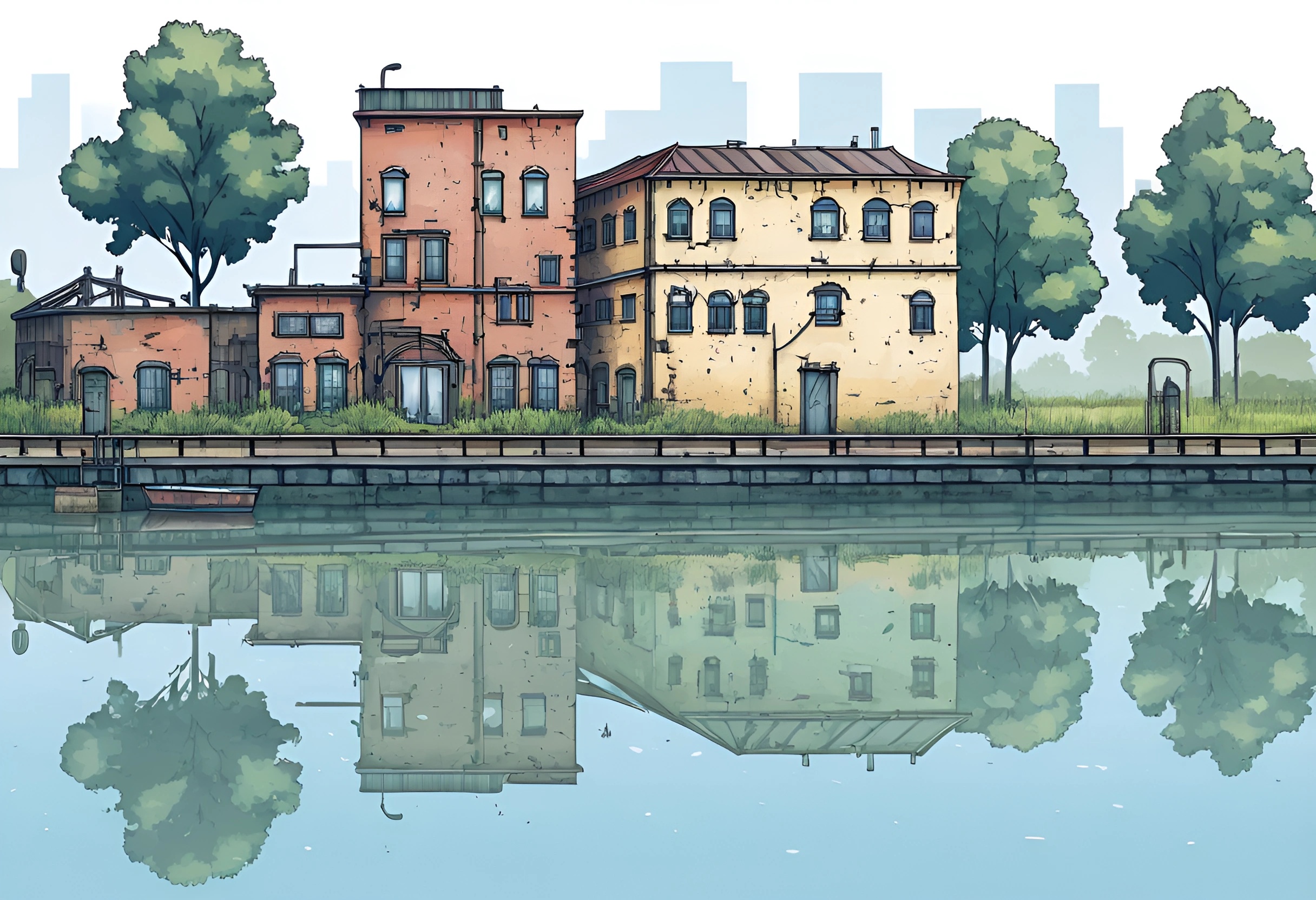 Colorful Reflections of Abandoned Buildings - Free Download - AI Scribbles