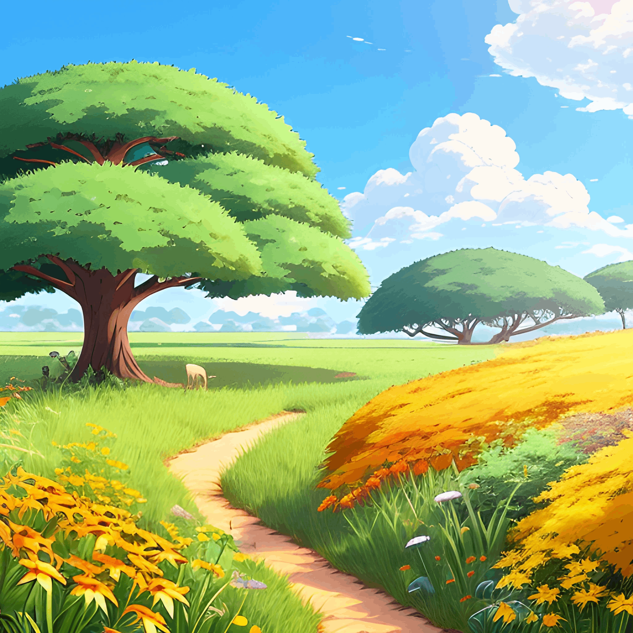 a painting of a path through a field of flowers