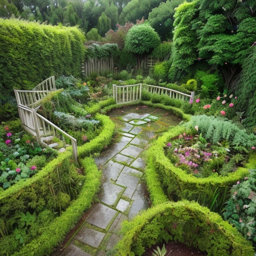 a close up of a garden with a stone path and a stone walkway