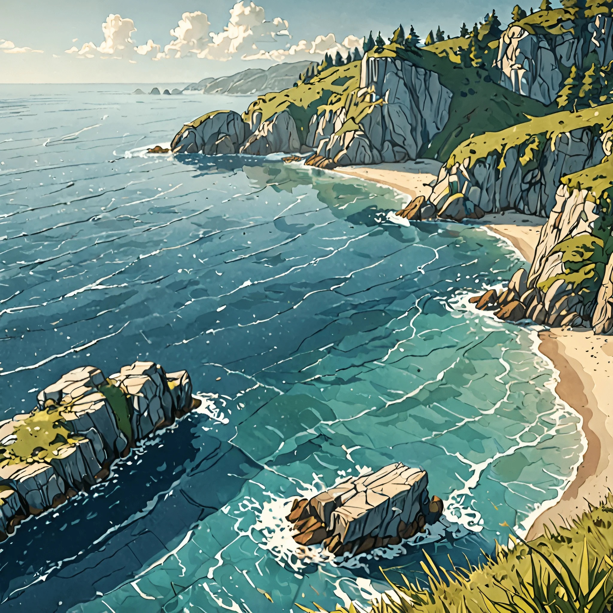 Serene Coastal Landscape with Rocky Shores - Free Download - AI Scribbles