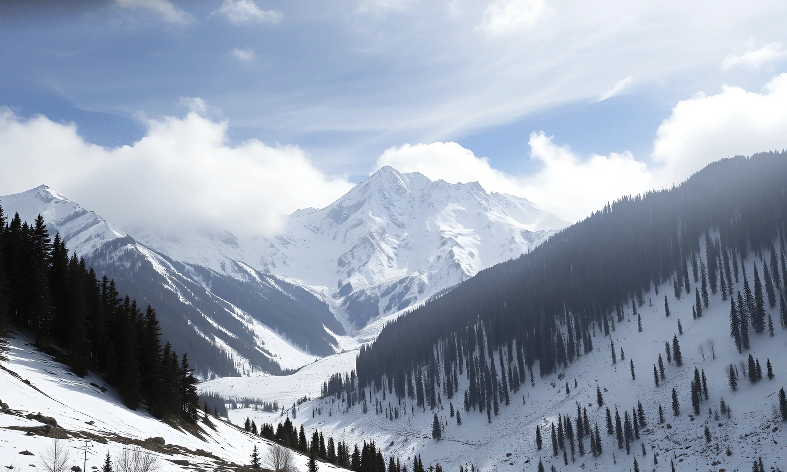 Snow-Covered Mountain Landscape With Pine Trees - Free Download - AI ...