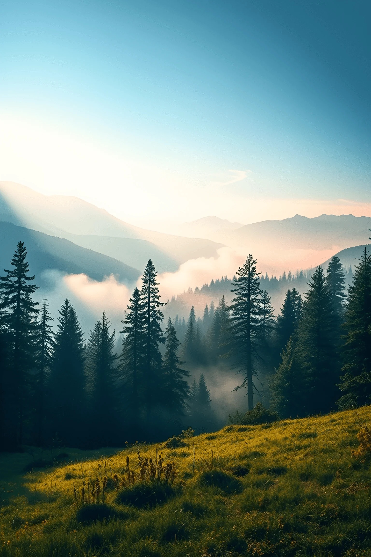 Mountain Valley Sunrise With Pine Trees and Mist - Free Download - AI ...