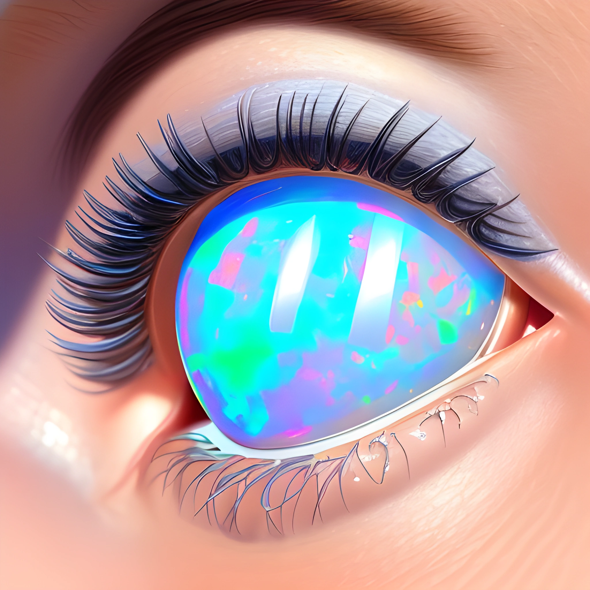 a close up of a woman's eye with a blue and green oplite