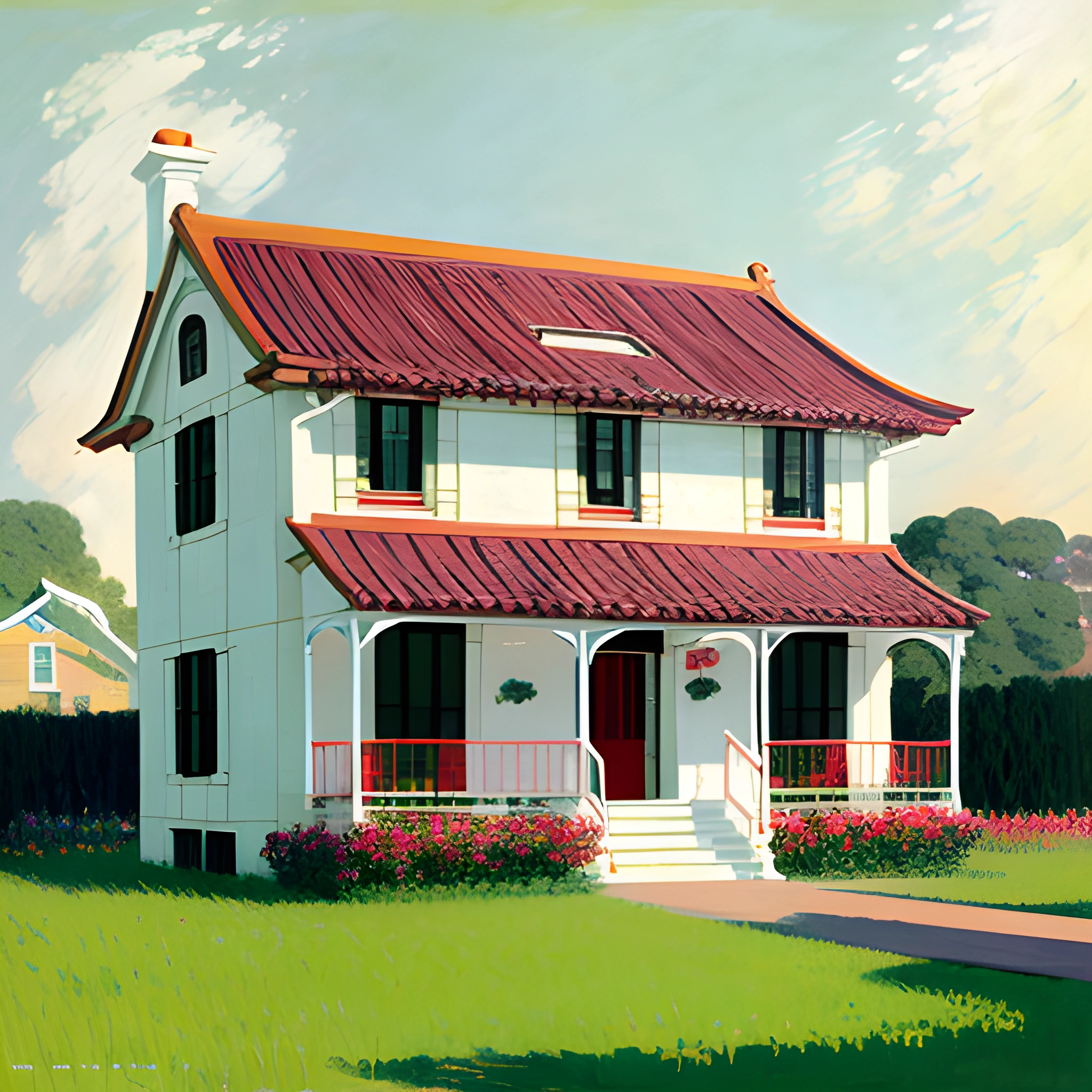 painting of a white house with a red roof and a red fence