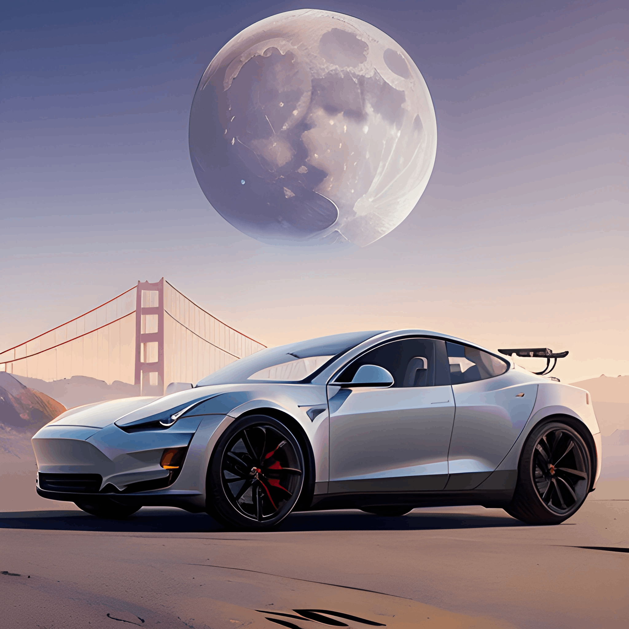 silver tesla car with a bridge in the background