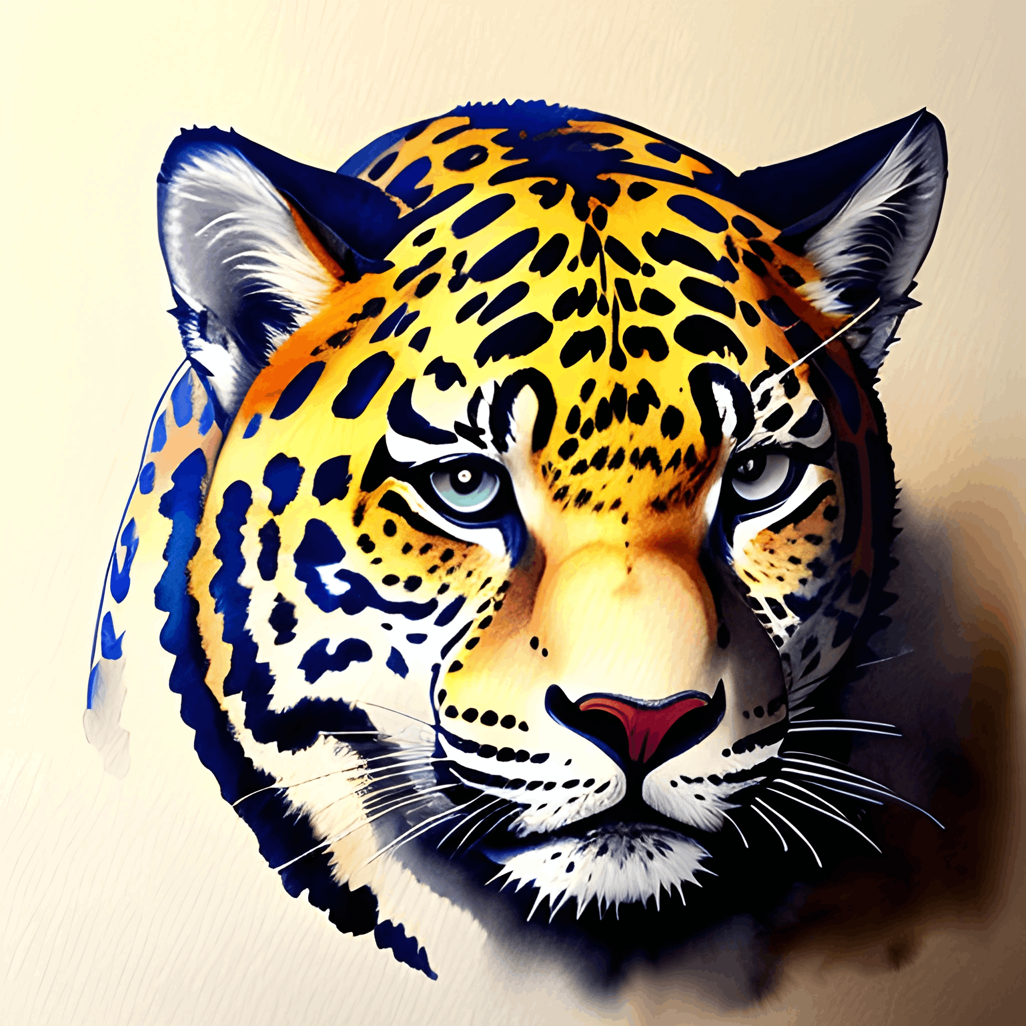 painting of a leopard head with a blue and yellow background