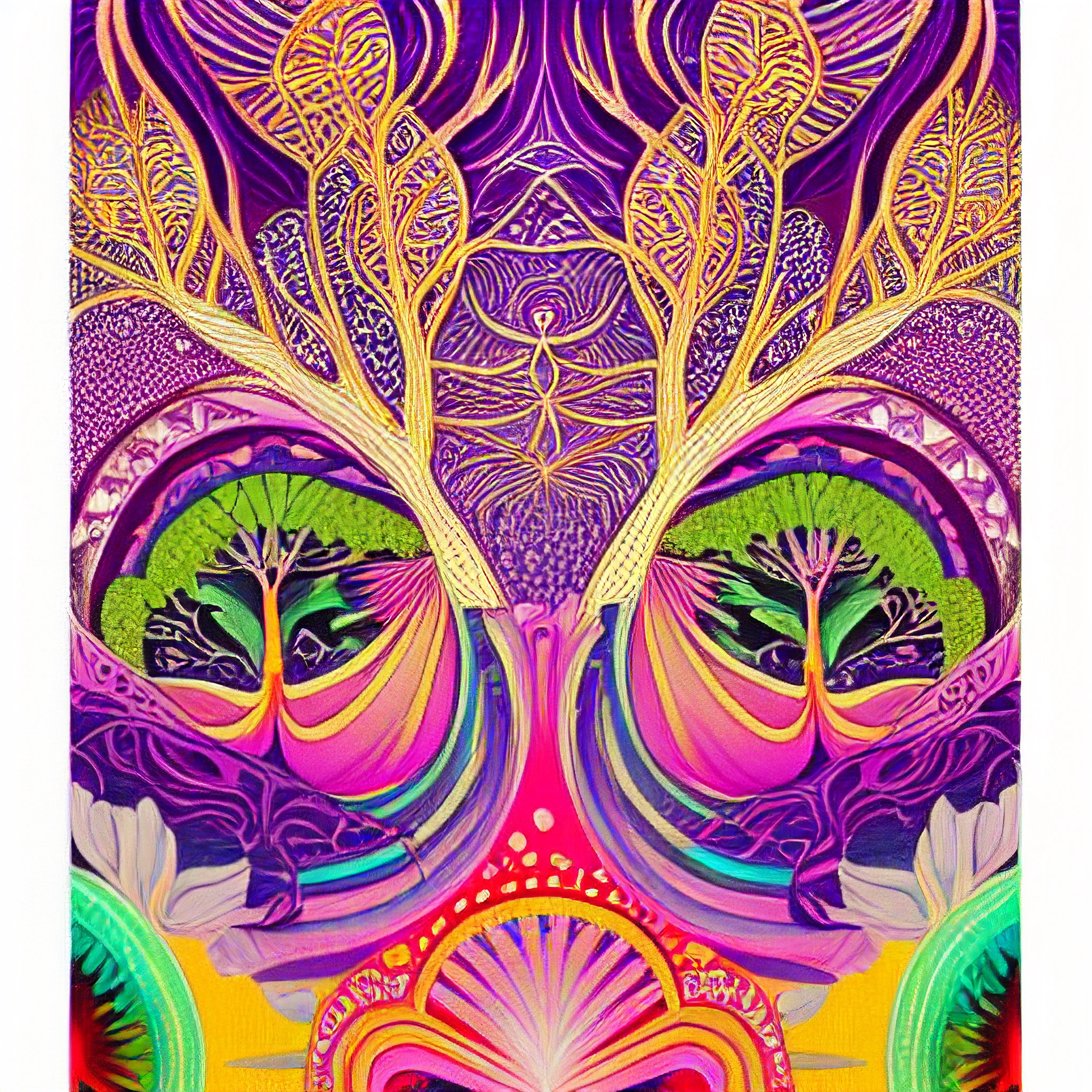 a painting of a colorful tree with many leaves and a purple background