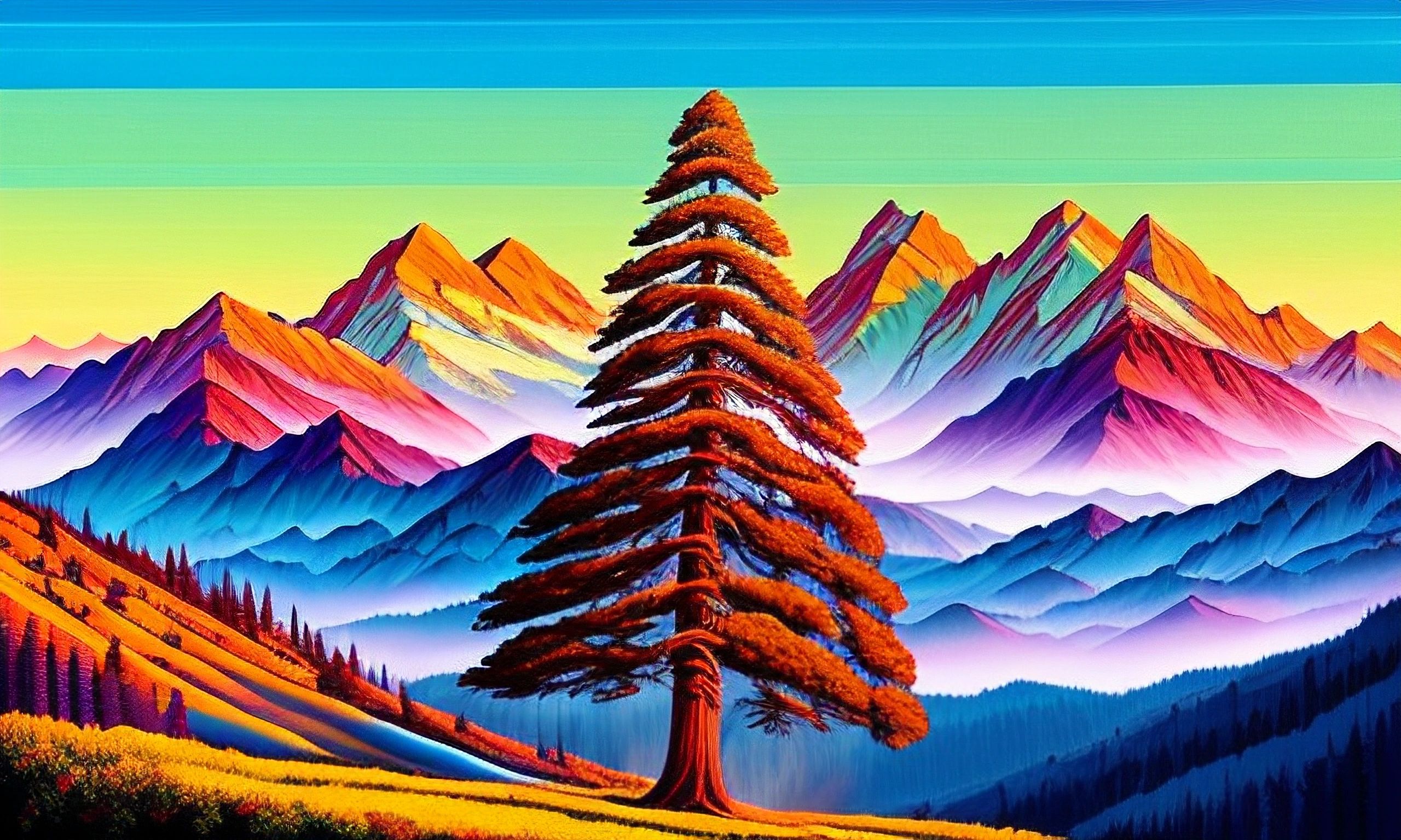 a painting of a tree in the mountains with a rainbow sky