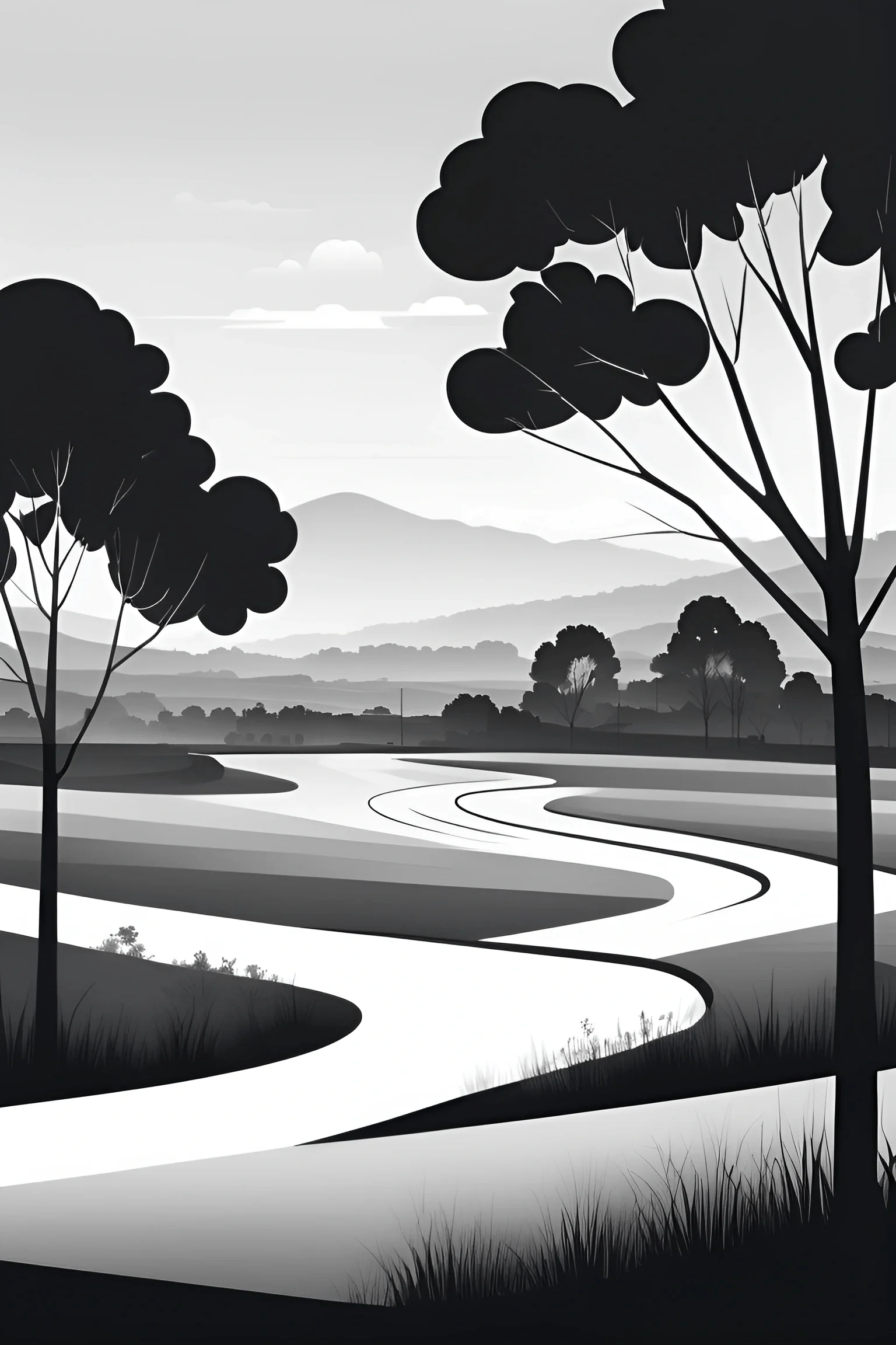Serene Monochrome Landscape with Winding River - Free Download - AI ...