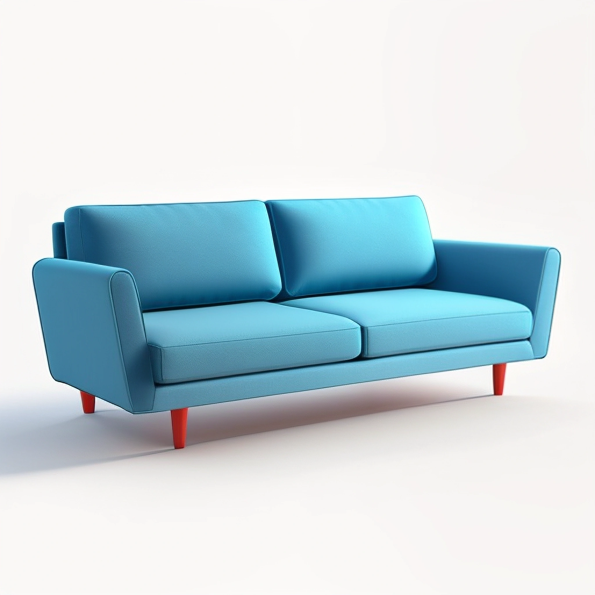 a close up of a blue couch with a red legs