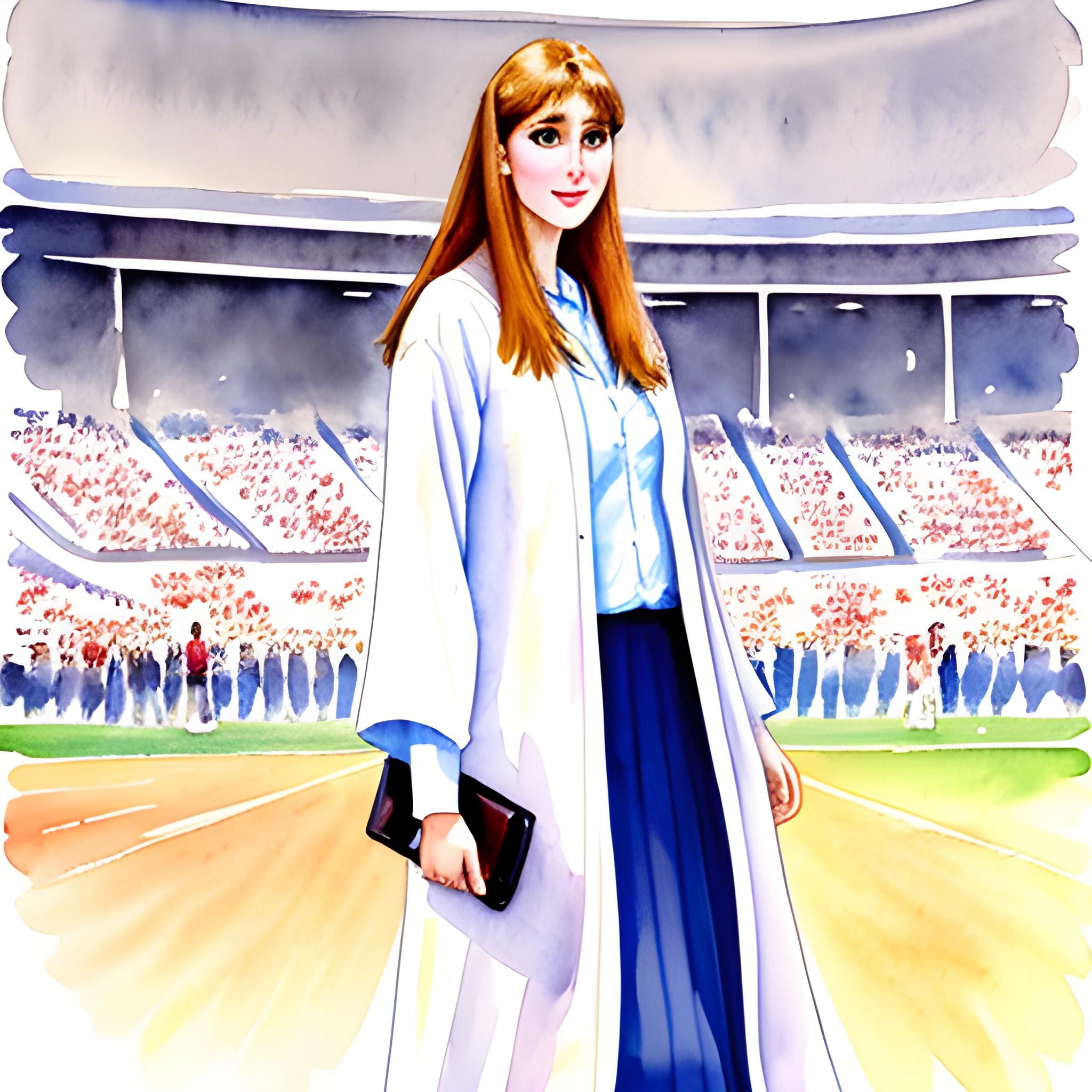 painting of a woman in a white coat and blue skirt standing in a stadium