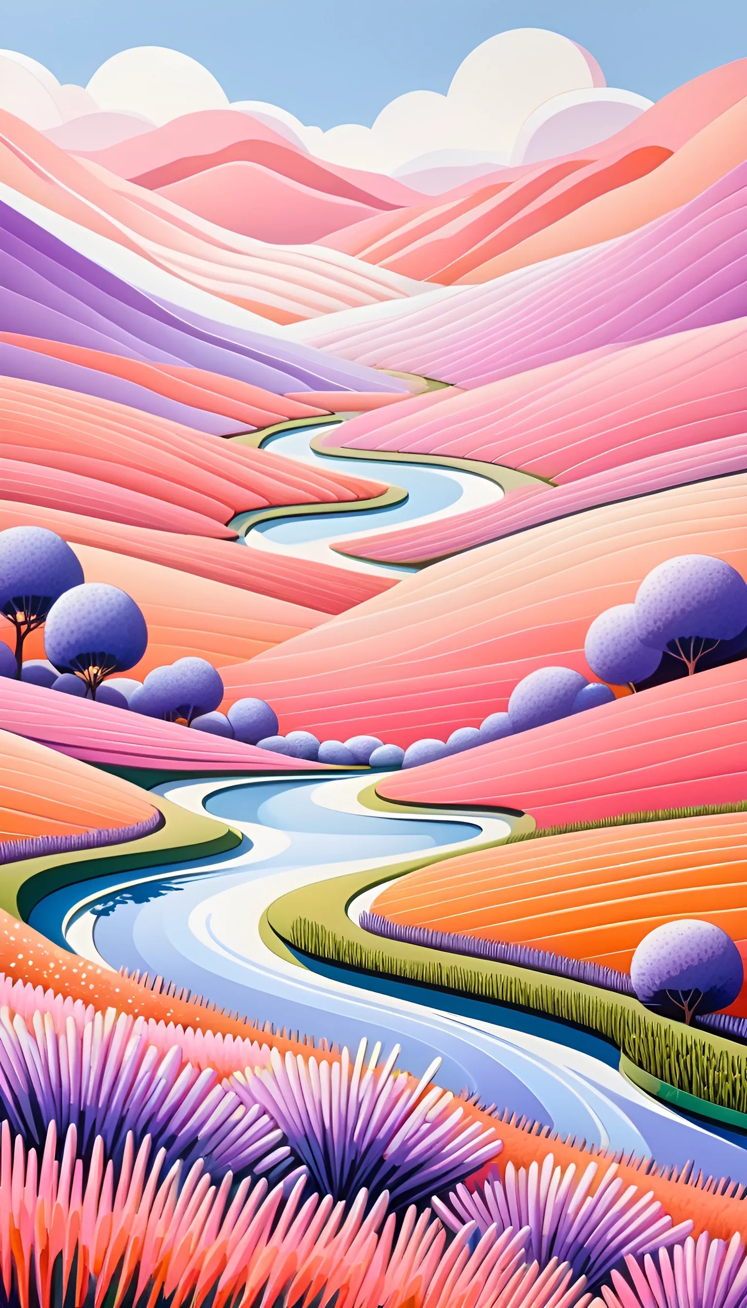 Vibrant Pink Landscape with Flowing River - Free Download - AI Scribbles