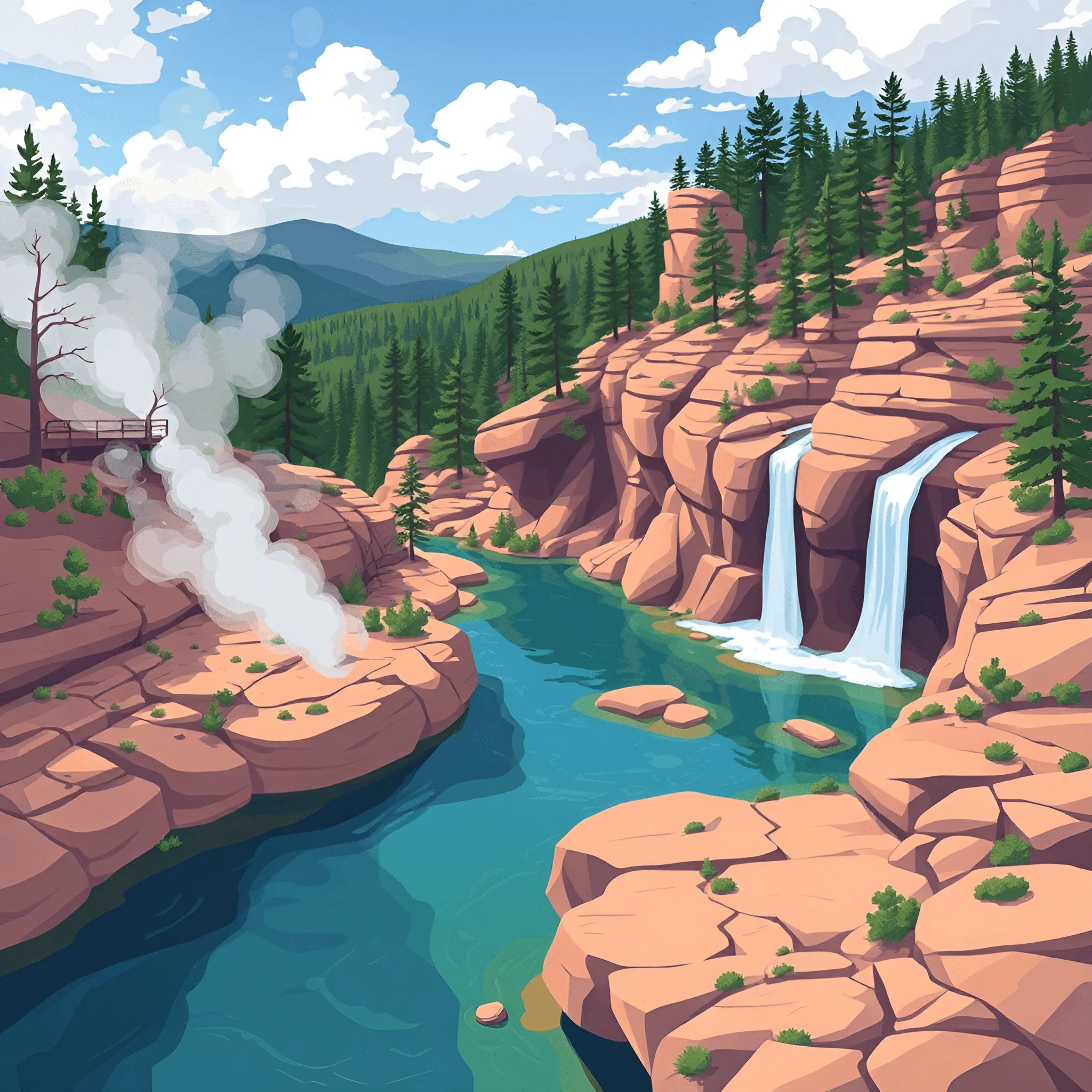Mountain Landscape with Waterfalls and River - Free Download - AI Scribbles