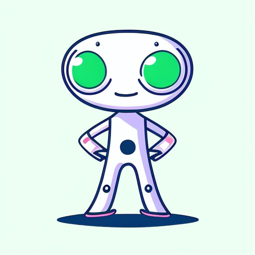 cartoon character of a white robot with green eyes and a pink nose