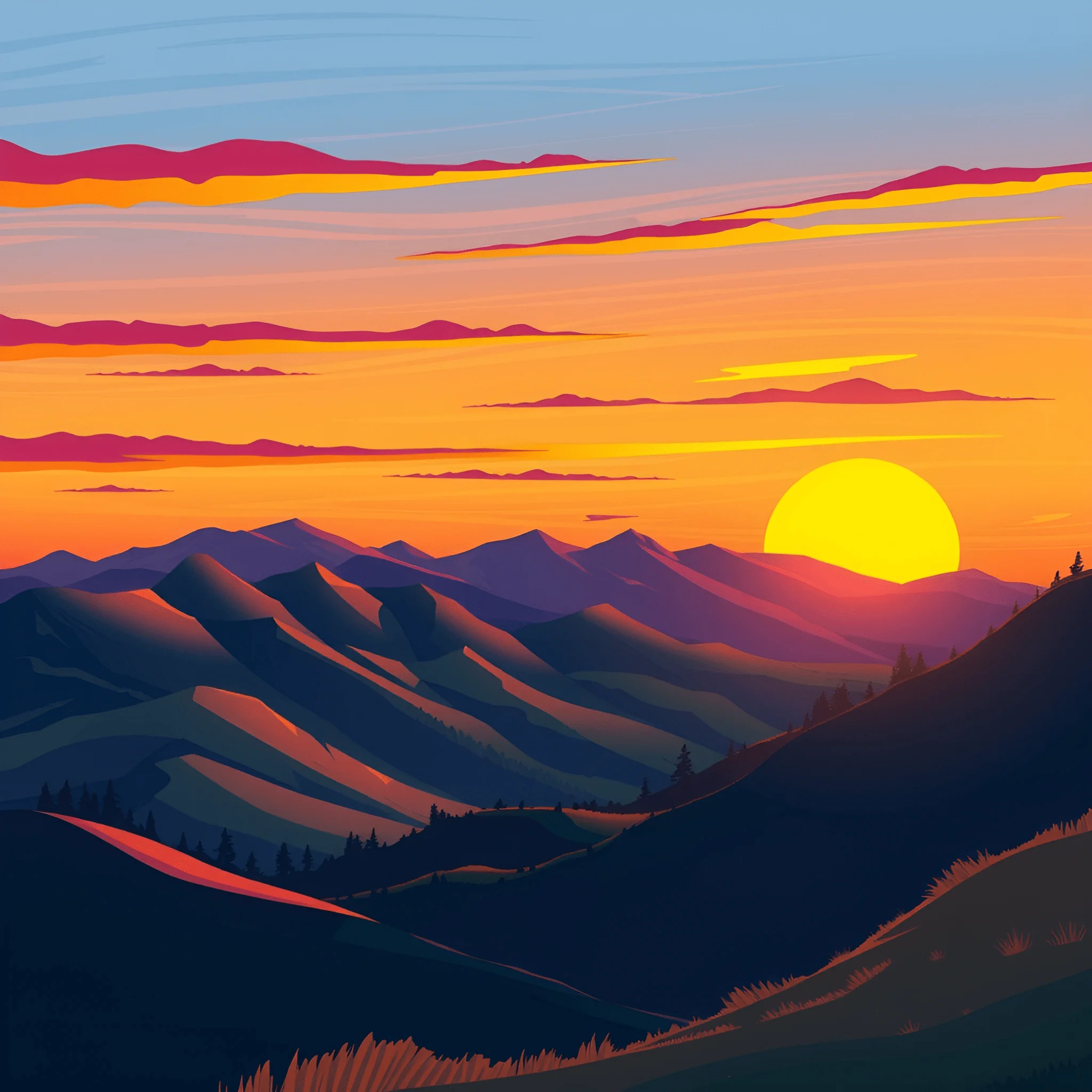 Mountain Sunset Landscape Illustration - Free Download - AI Scribbles