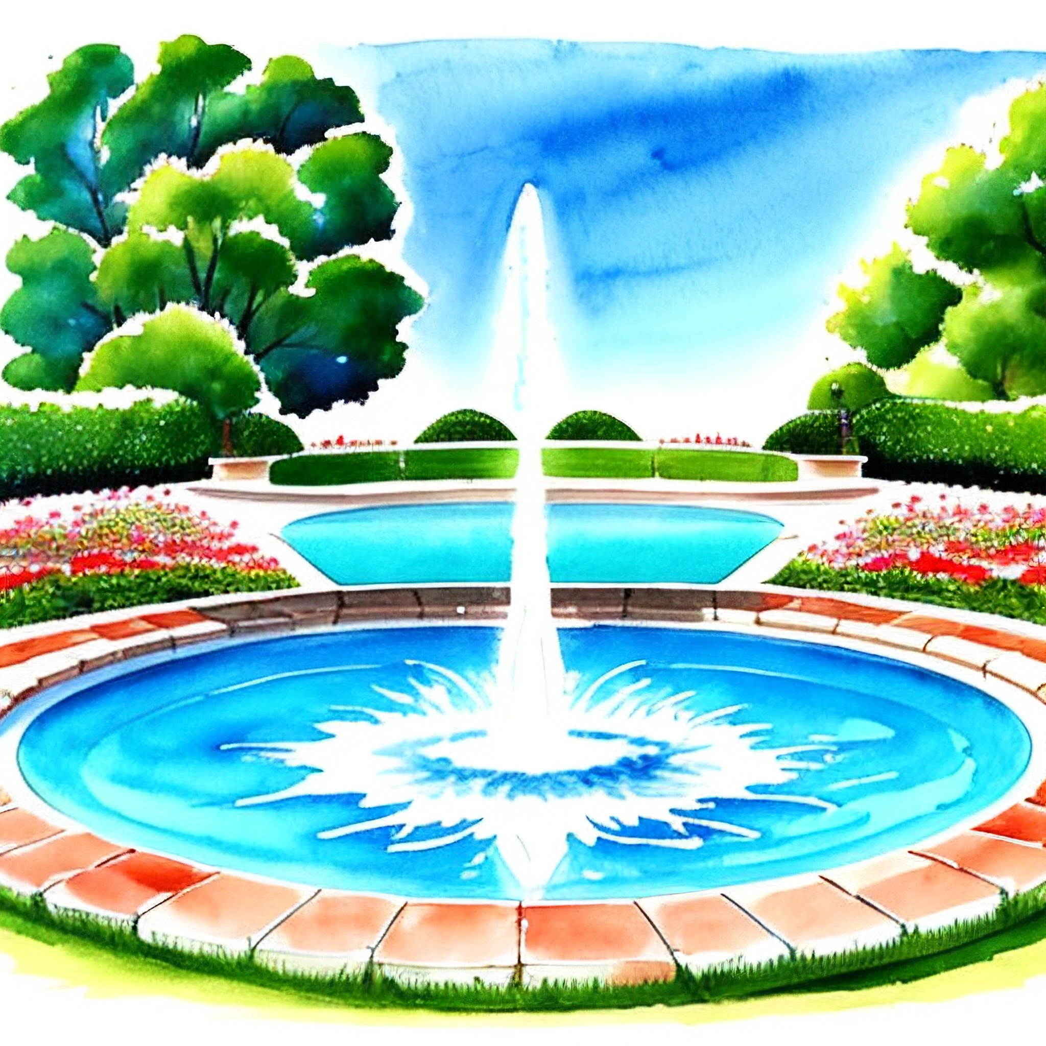 a painting of a fountain in a garden with a sky background