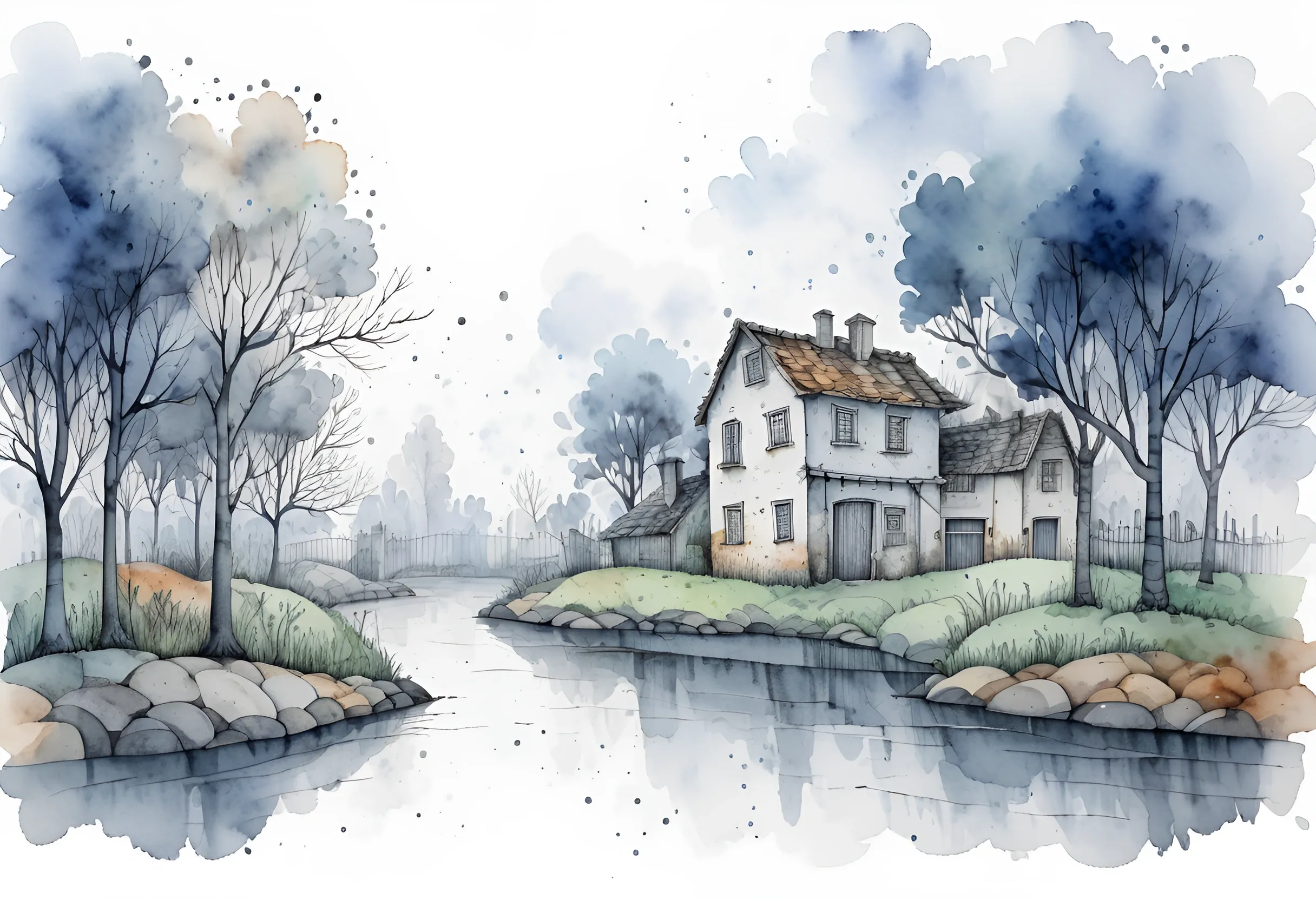 Serene Watercolor Landscape of a House by a River - Free Download - AI ...
