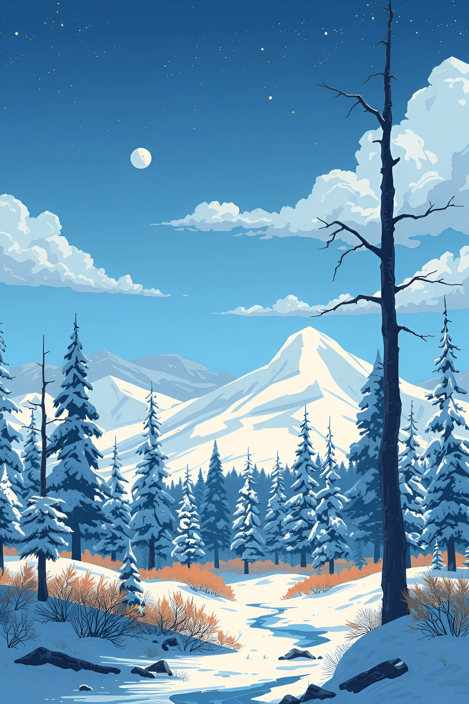 Snowy Mountain Landscape with Pine Trees and Moon - Free Download - AI ...