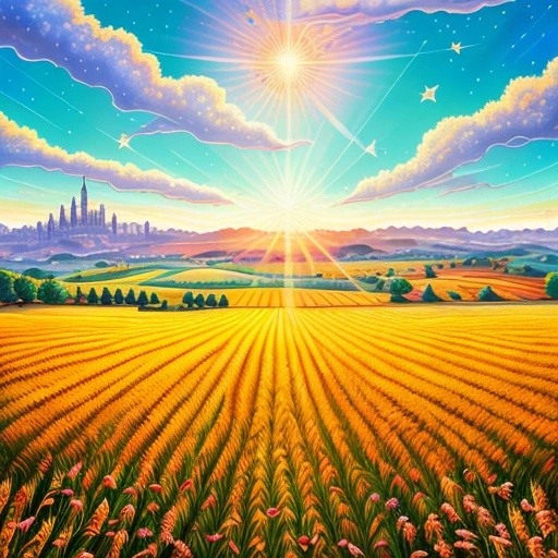 a painting of a field with a sun shining over it