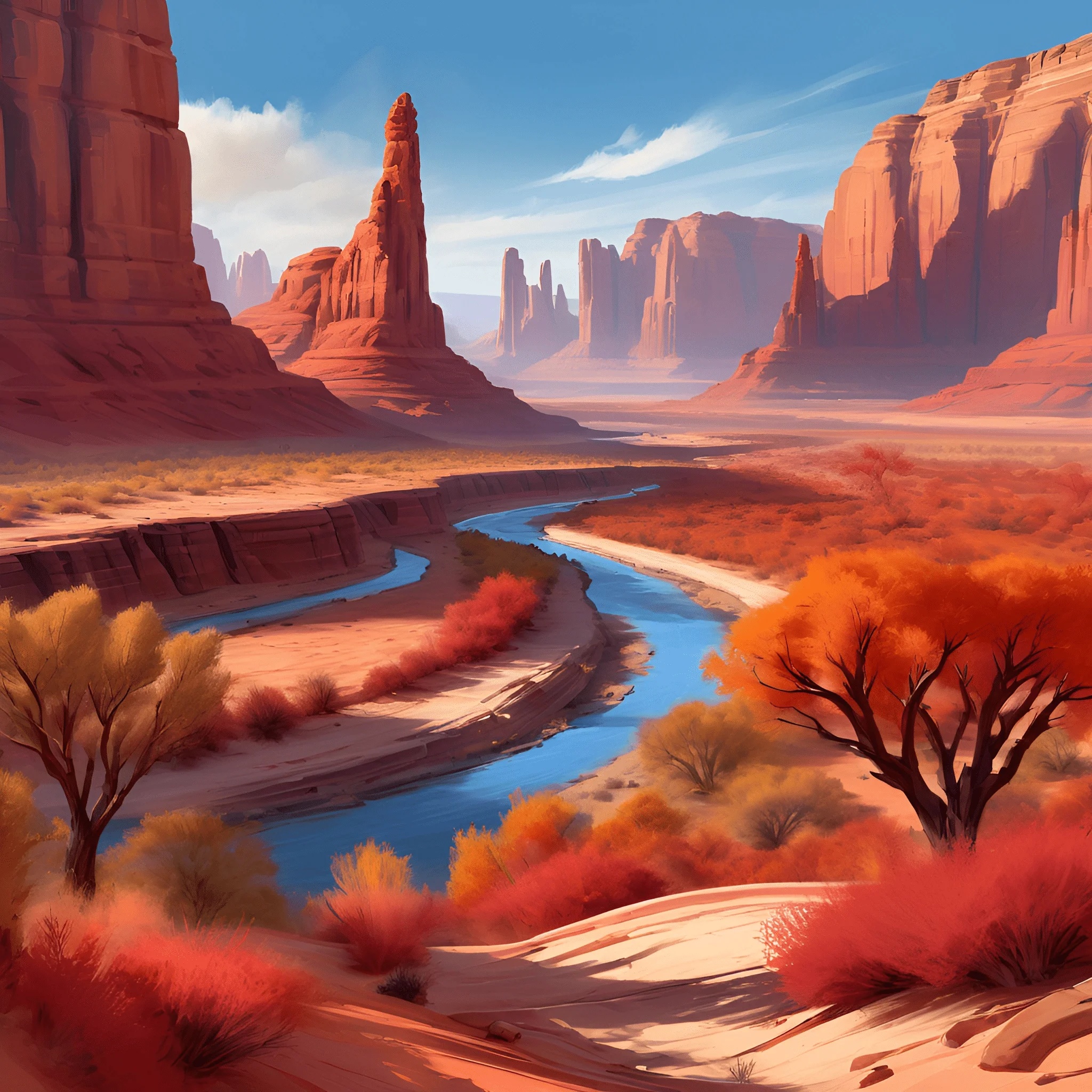Red Fall Desert Majestic Desert Landscape with River - Free Download - AI Scribbles