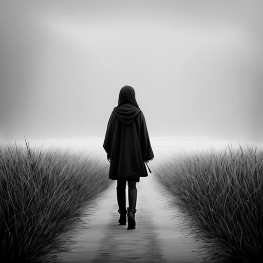 a woman walking down a path in a field