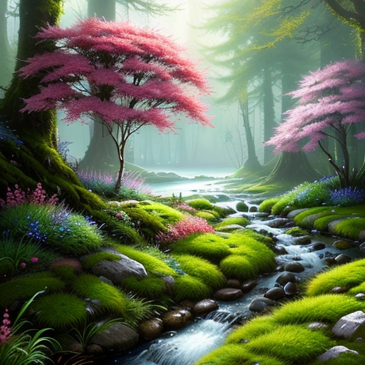painting of a stream in a forest with trees and flowers