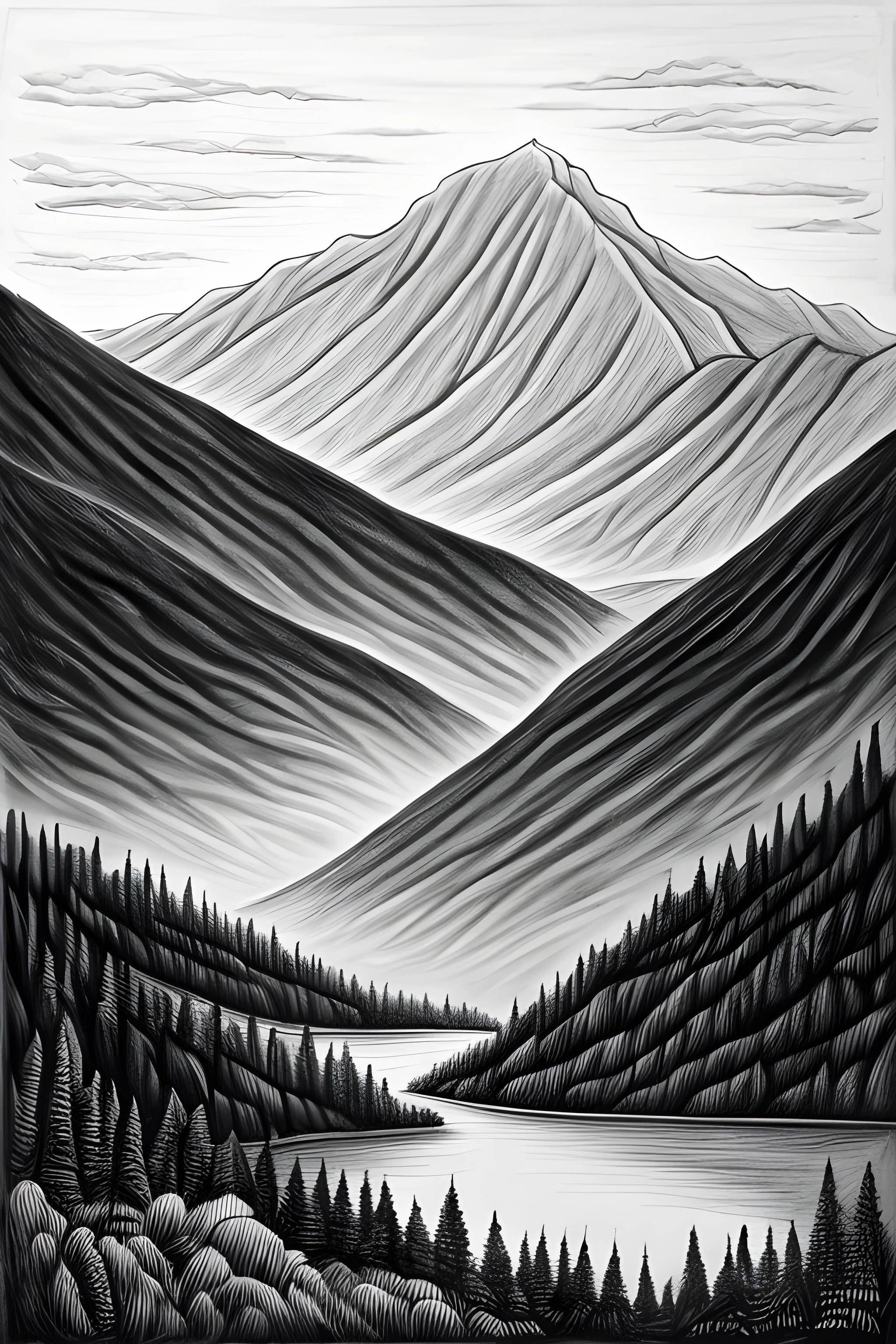 a black and white drawing of a mountain scene with a lake