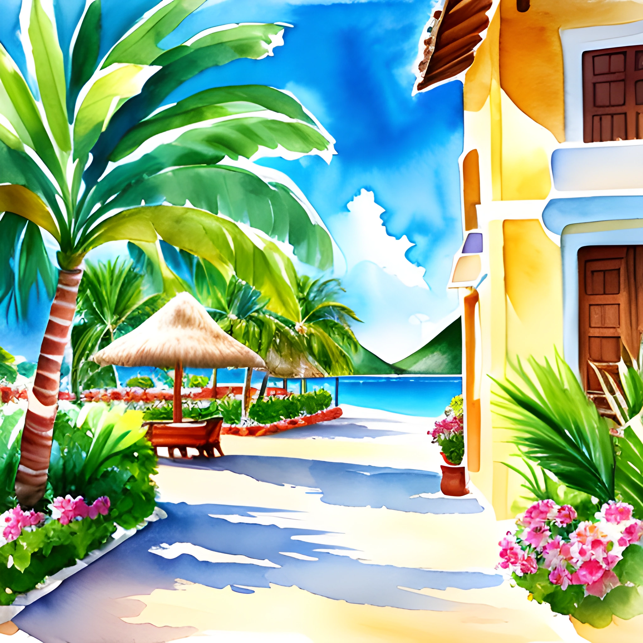 painting of a tropical beach scene with palm trees and a bench